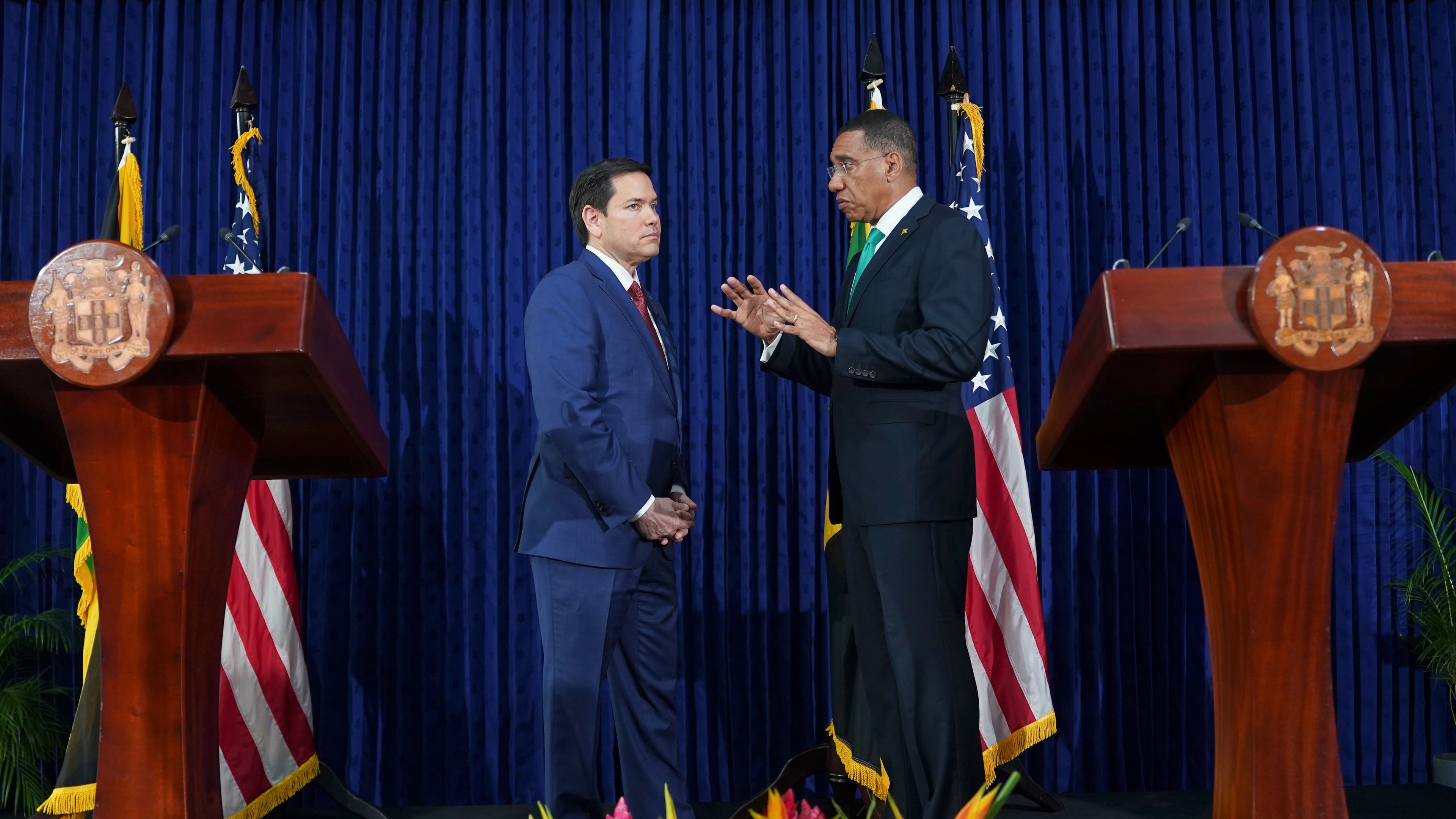 FILE - U.S. Secretary of State Marco Rubio, left, and Jamaica's Prime Minister Andrew Holness speak after giving a joint news conference at the office of the prime minister in Kingston, Jamaica, March 26, 2025. (Nathan Howard/Pool Photo via AP, File)