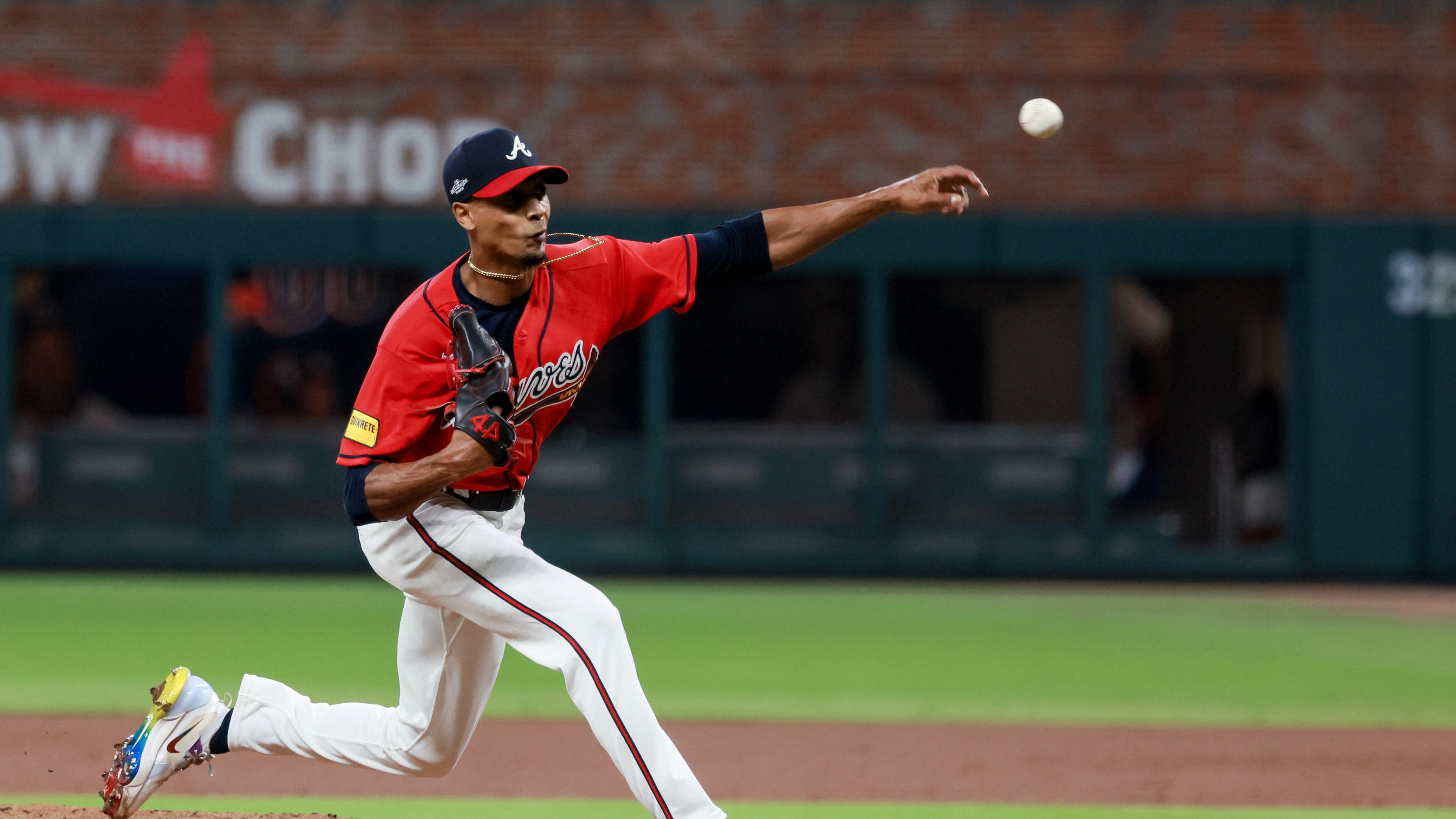 Braves pitcher Ray Kerr delivers during the second inning of Game 3 of a NL Wild Card Series against the Phillies on Thursday, Oct. 1, 2026, in Atlanta. Kerr threw 3⅓ scoreless innings, allowing one hit and walking one while throwing 47 pitches in Atlanta's 6-2 win. (Jason Getz/AJC)