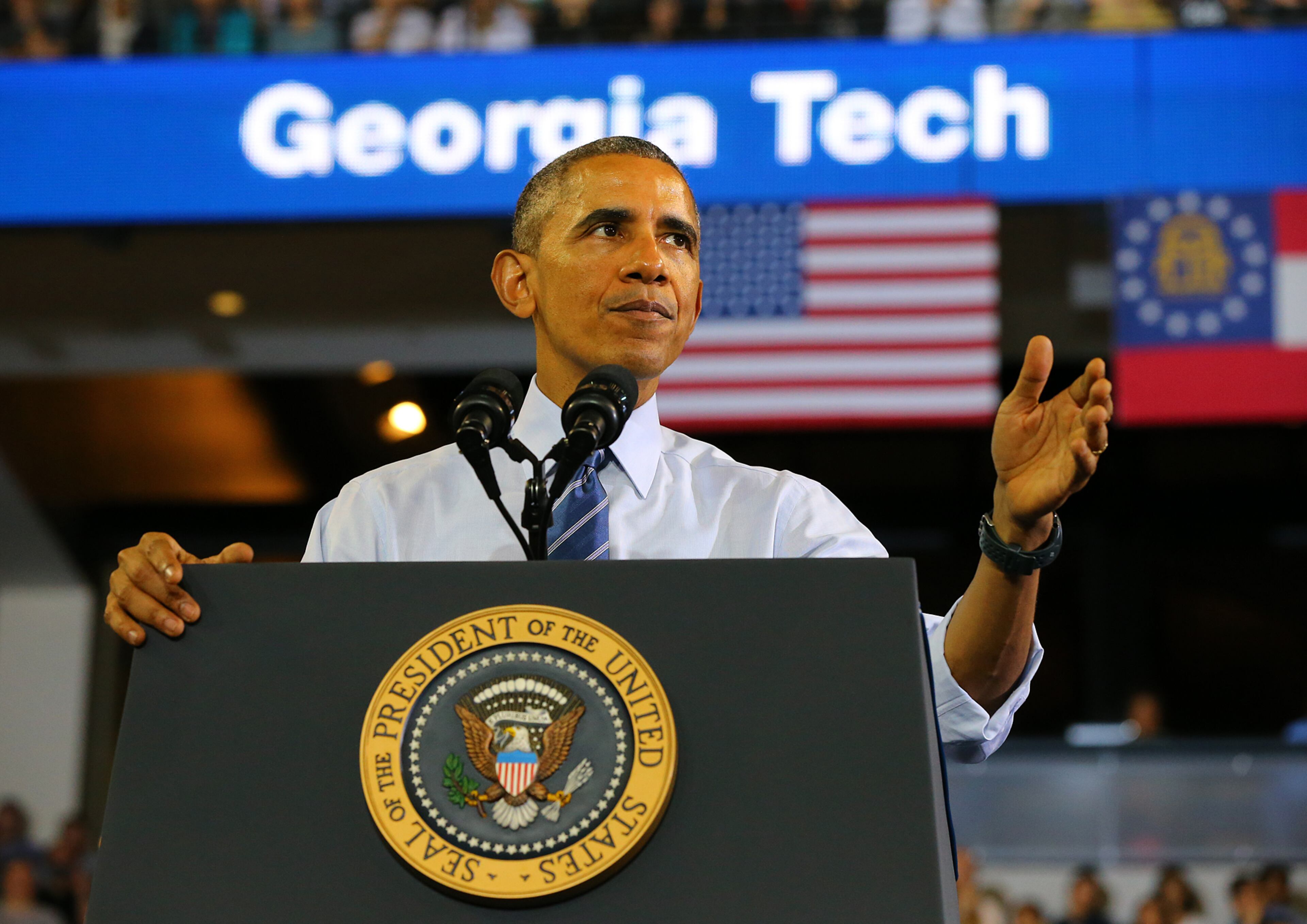 President Barack Obama addresses the crowd at McCamish Pavillion on college affordability and access to quality higher education at Georgia Tech on Tuesday, March 10, 2015, in Atlanta. Curtis Compton / ccompton@ajc.com