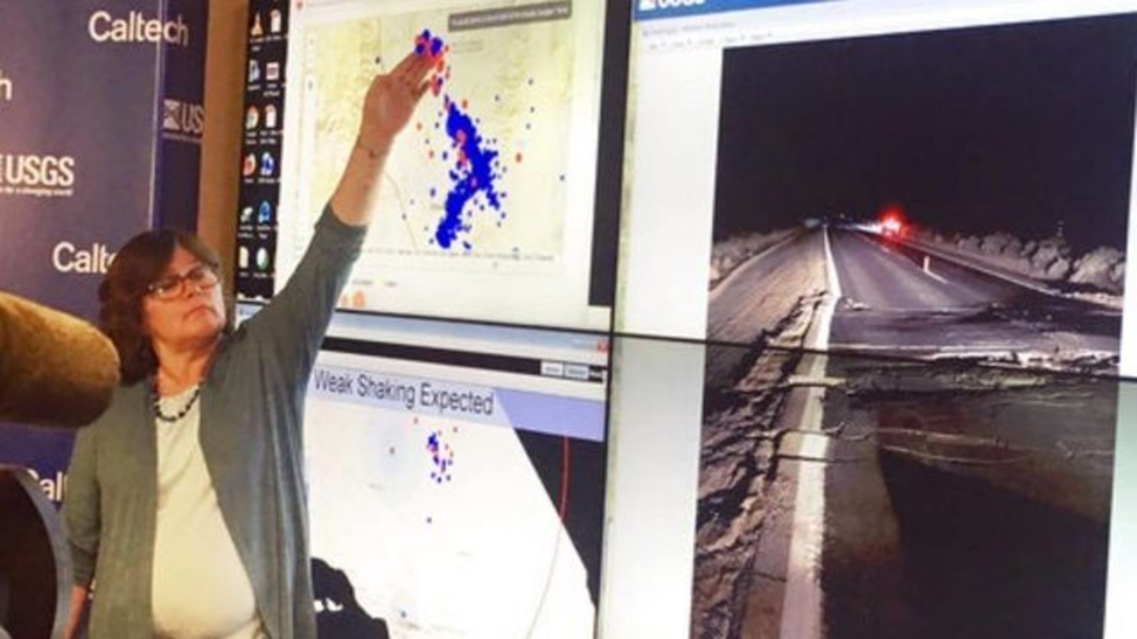 Seismologist Dr. Lucy Jones points out and explains the aftershocks after Friday night's 7.1 magnitude earthquake that hit Southern California.