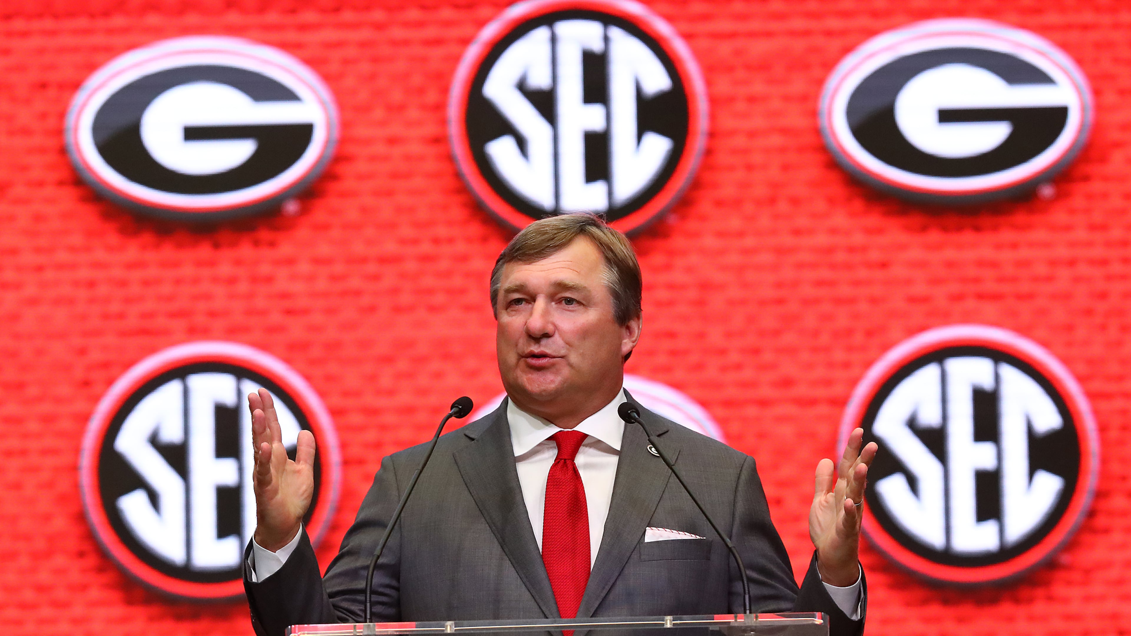 Georgia coach Kirby Smart speaks at SEC Media Days in the College Football Hall of Fame on Wednesday, July 20, 2022, in Atlanta. “Curtis Compton / Curtis Compton@ajc.com”