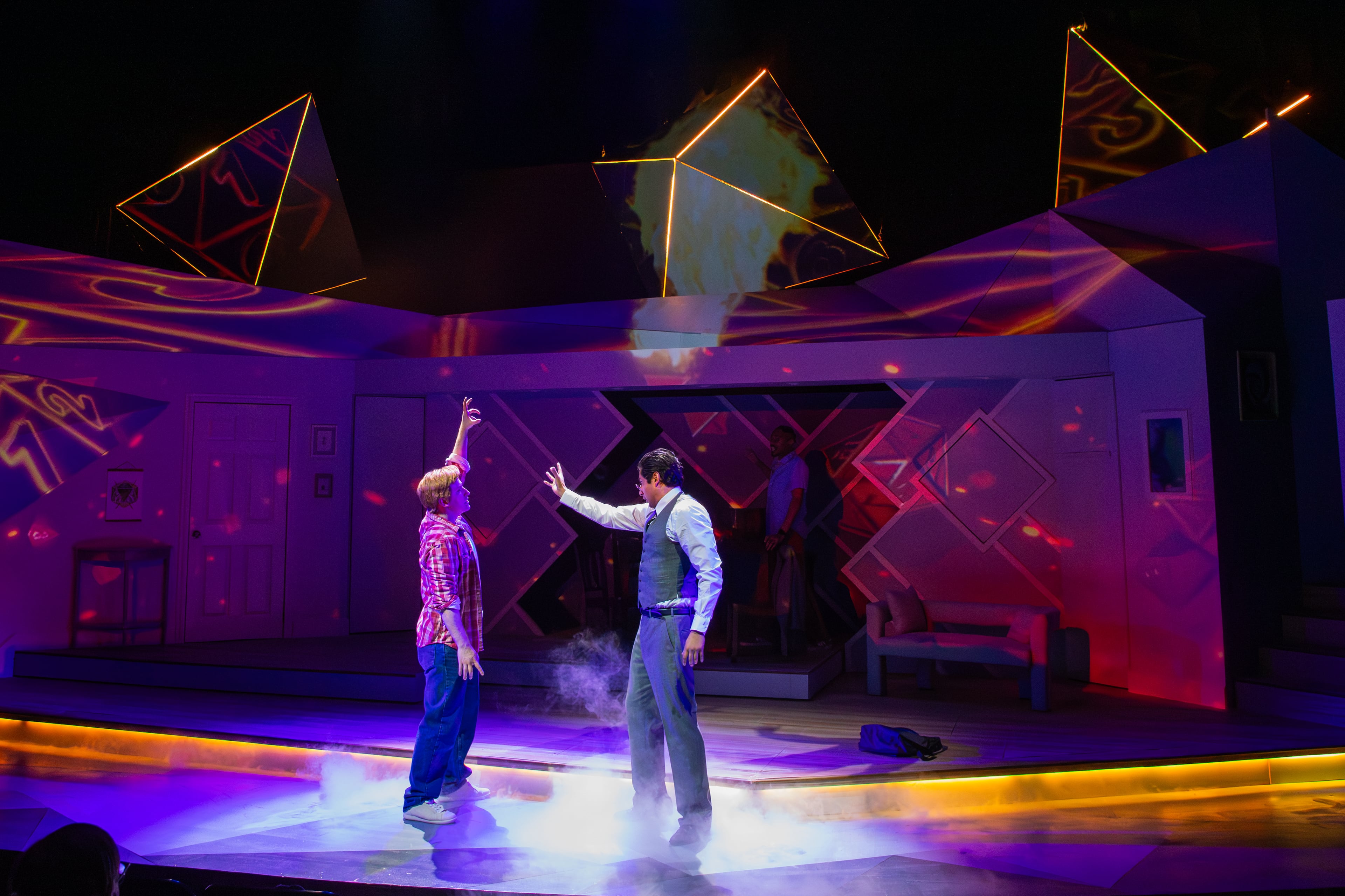 Cole Ferguson, left, as Dave, battles his evil professor, played by Julio Zaconet Valentin. (Courtesy of Aurora Theatre/Casey Gardner Ford)