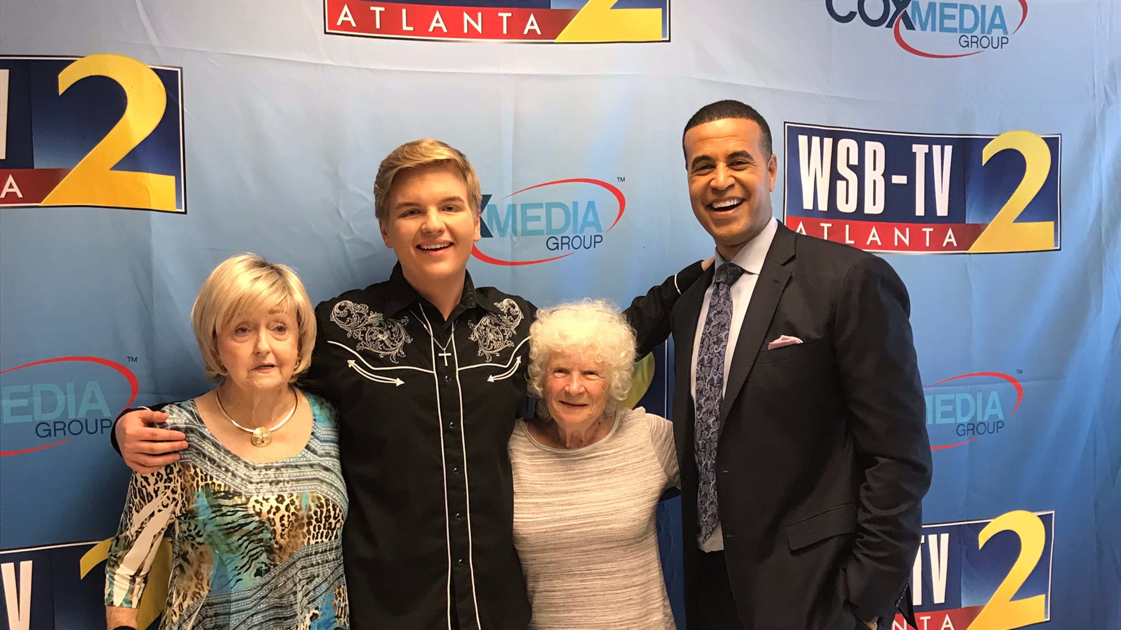 Caleb Lee Hutchinson on Tuesday, June 19 at WSB-TV headquarters with his grandmothers Carolyn McDonald and Joyce Culpepper, plus WSB-TV anchor Fred Blankenship.