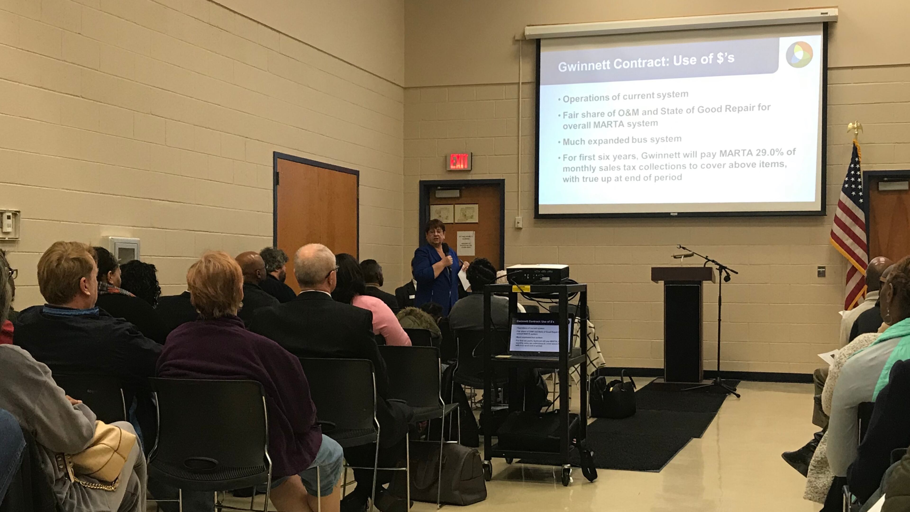 Gwinnett Commission Chairman Charlotte Nash talks about Gwinnett's pending contract with MARTA during a townhall meeting hosted Wednesday night at the Centerville Community Center. TYLER ESTEP / TYLER.ESTEP@AJC.COM