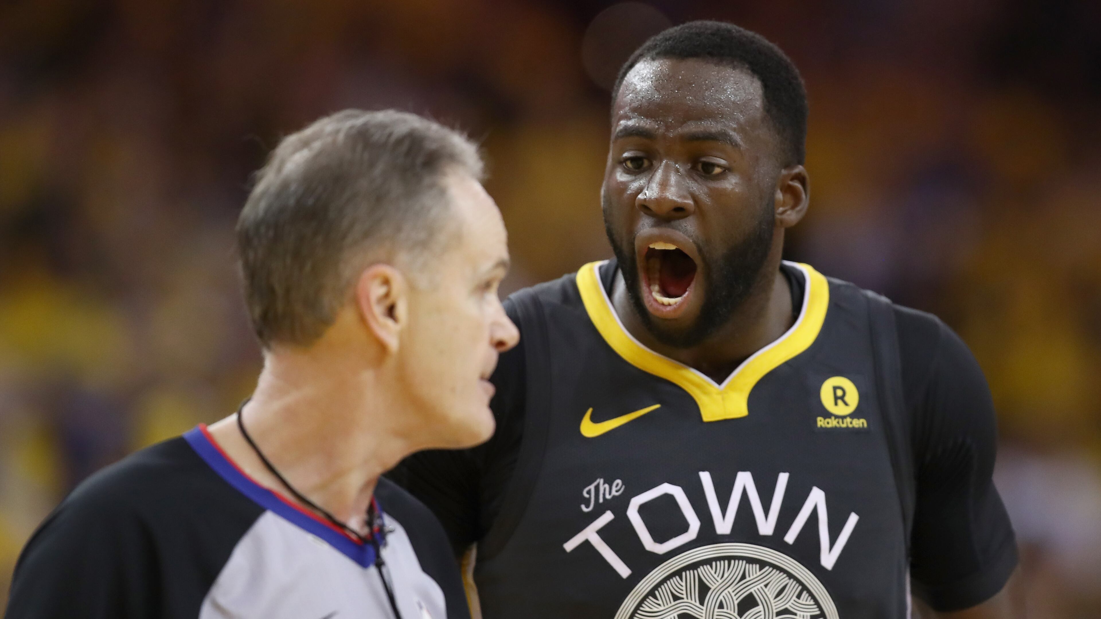 Golden State Warriors' Draymond Green complains to Mike Callahan during Game Two of the Western Conference Semifinals against the New Orleans Pelicans at ORACLE Arena on May 1, 2018, in Oakland.
