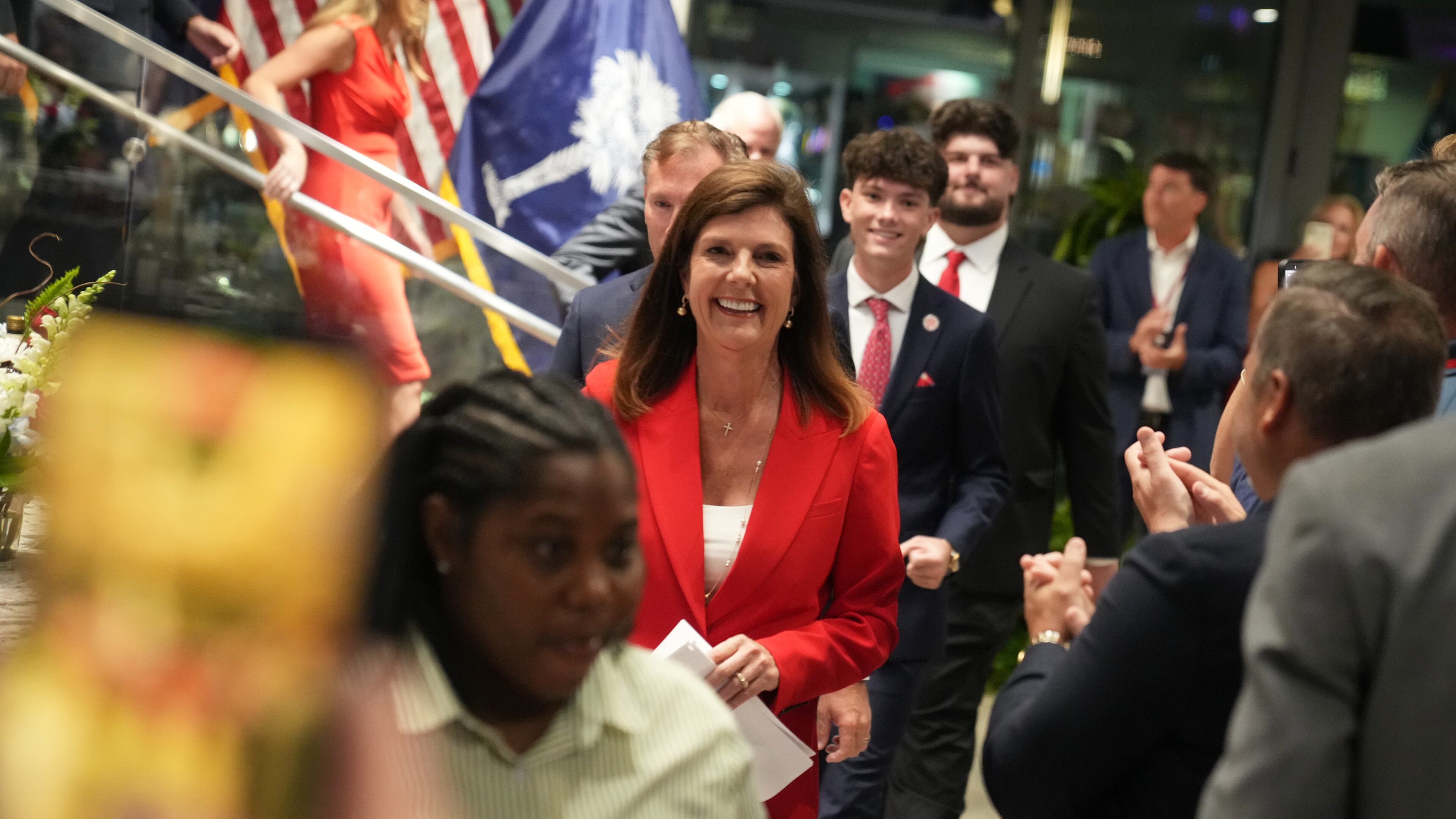 South Carolina Lt. Gov. Pamela Evette arrives to speak at an election night watch party after advancing to a GOP primary runoff in the governor's race on Tuesday, June 9, 2026, in Greenville, S.C. (AP Photo/Meg Kinnard)