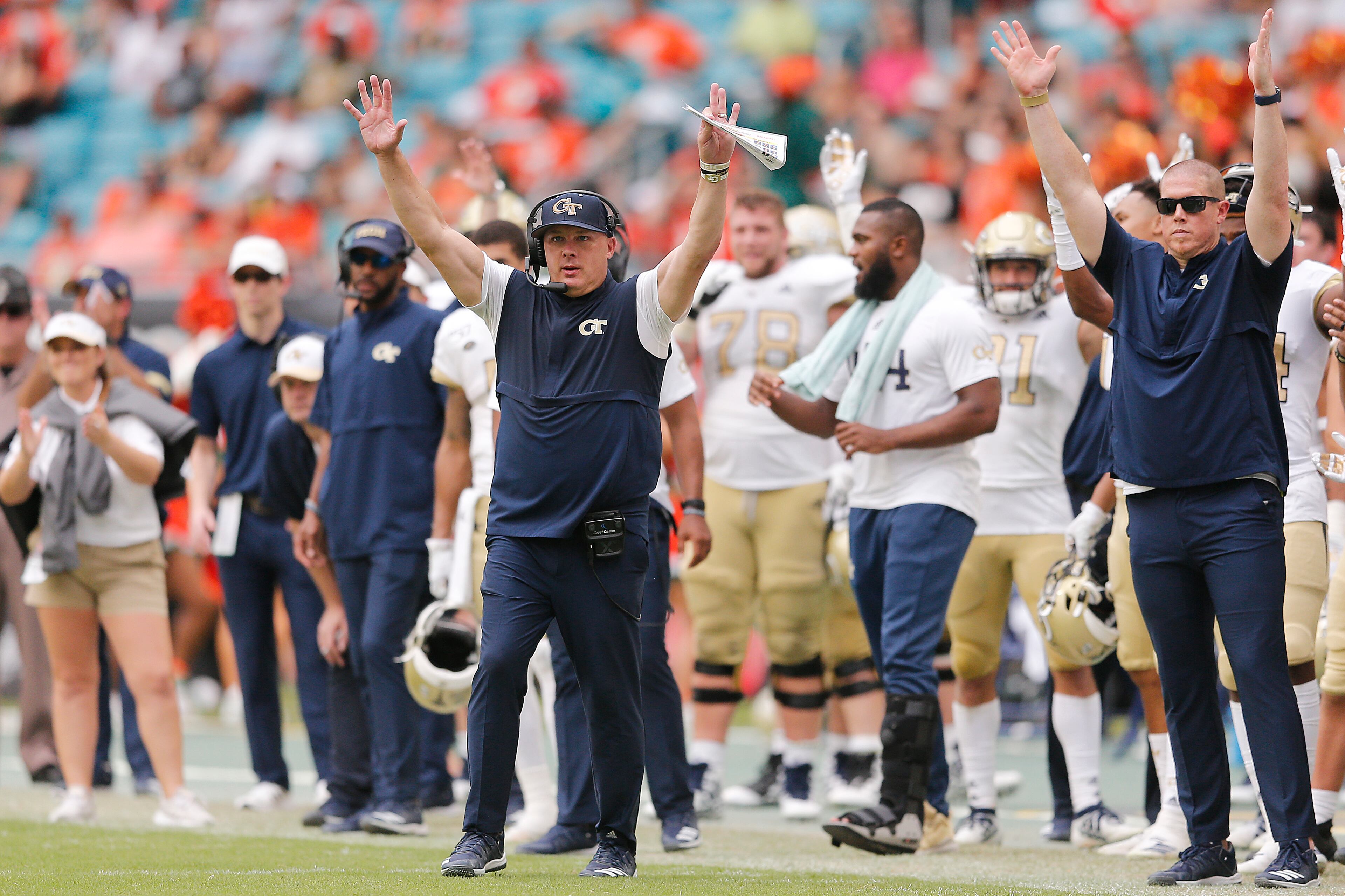MIAMI, FLORIDA - OCTOBER 19: Head coach Geoff Collins of the Georgia Tech Yellow Jackets reacts after a field goal against the Miami Hurricanes during overtime at Hard Rock Stadium on October 19, 2019 in Miami, Florida. (Photo by Michael Reaves/Getty Images)