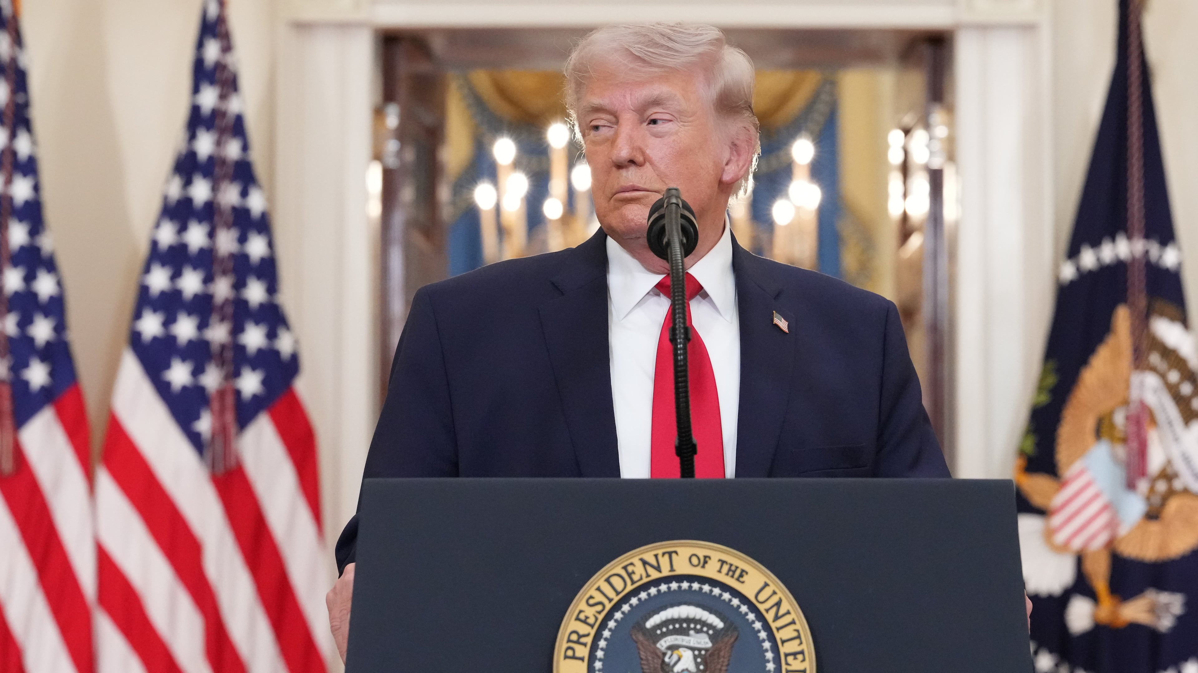 President Donald Trump pauses as he finishes speaking about the Iran war from the Cross Hall of the White House on Wednesday, April 1, 2026, in Washington. (AP Photo/Alex Brandon, Pool)