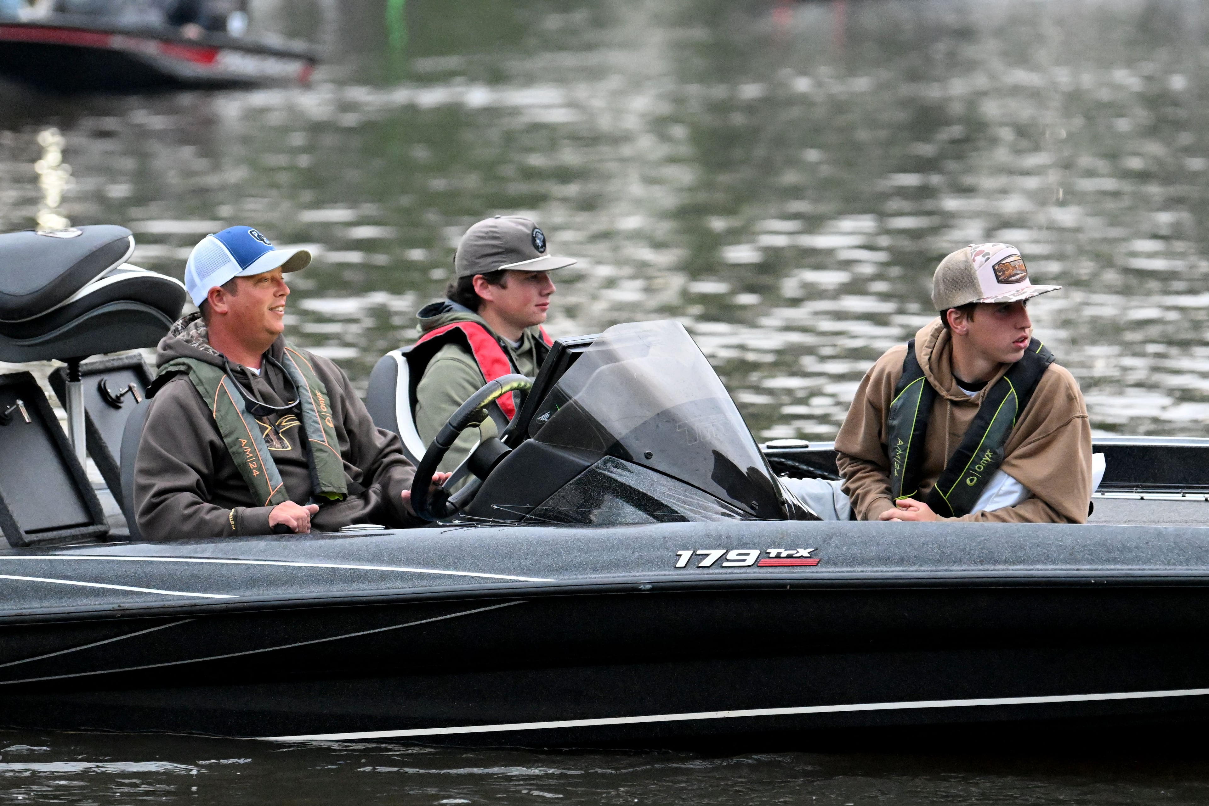 Student anglers and their coaches head out early in the morning during the GHSA State Bass Fishing Championship on Saturday, May 9, 2026, in Eatonton. The event at Lake Sinclair features a smaller field of 113 boats. (Hyosub Shin/AJC)