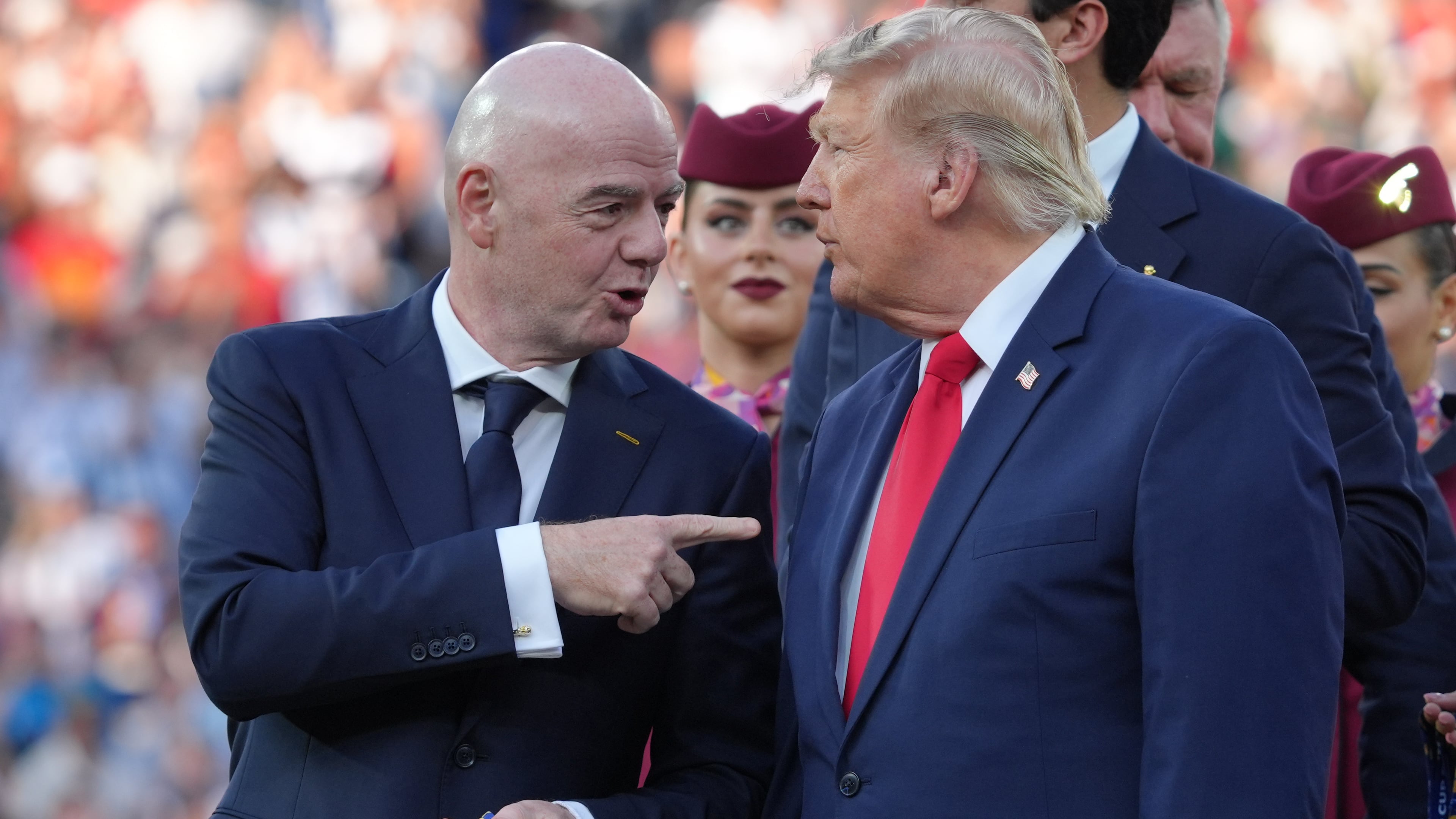 FIFA President Gianni Infantino, left, and President Donald J. Trump talk as they wait to congratulate the Spanish players after the World Cup final soccer match between Spain and Argentina in East Rutherford, N.J., near New York, Sunday, July 19, 2026. (AP Photo/Jacquelyn Martin)
