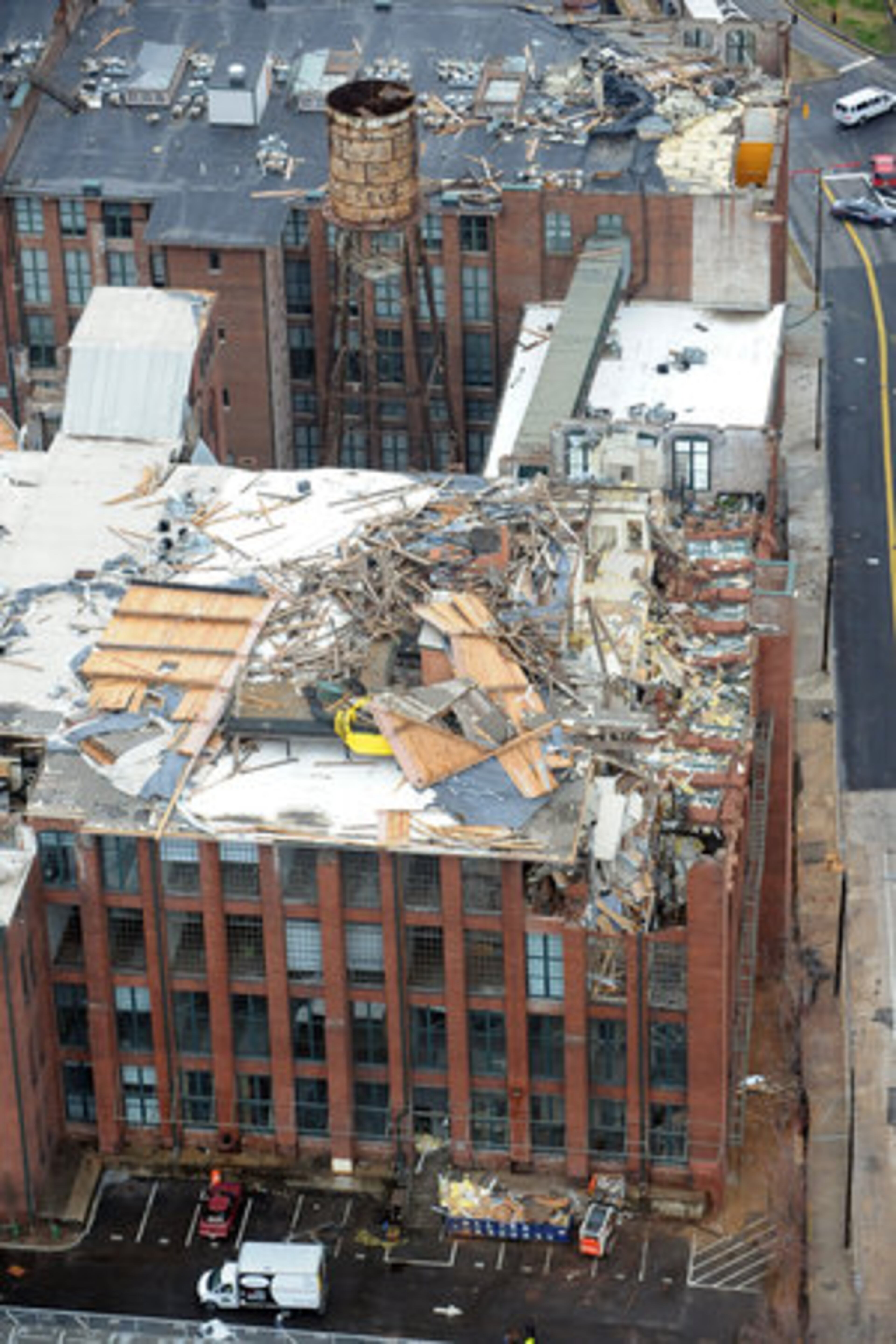 Saturday: The Fulton Cotton Mill Lofts showed extensive damage.
