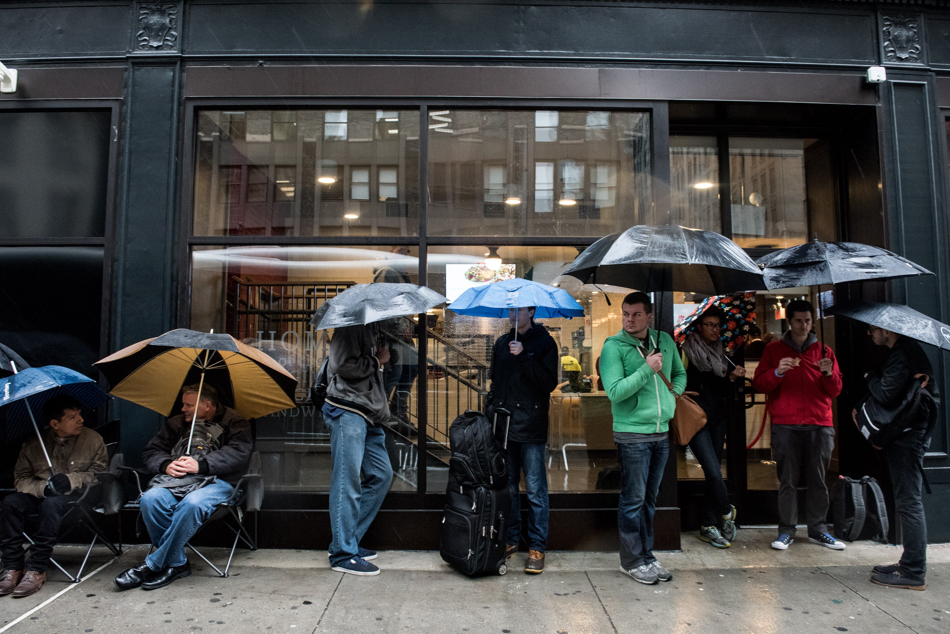 NEW YORK, NY - OCTOBER 2: Customers wait in line outside of Chick-Fil-A , a day before its opening on 37th Street and 6th Avenue, to get raffle tickets to win free food for a year on October 2, 2015 in New York City.. The fast food chicken restaurant is set to open its first store in Manhattan. (Photo by Andrew Renneisen/Getty Images)