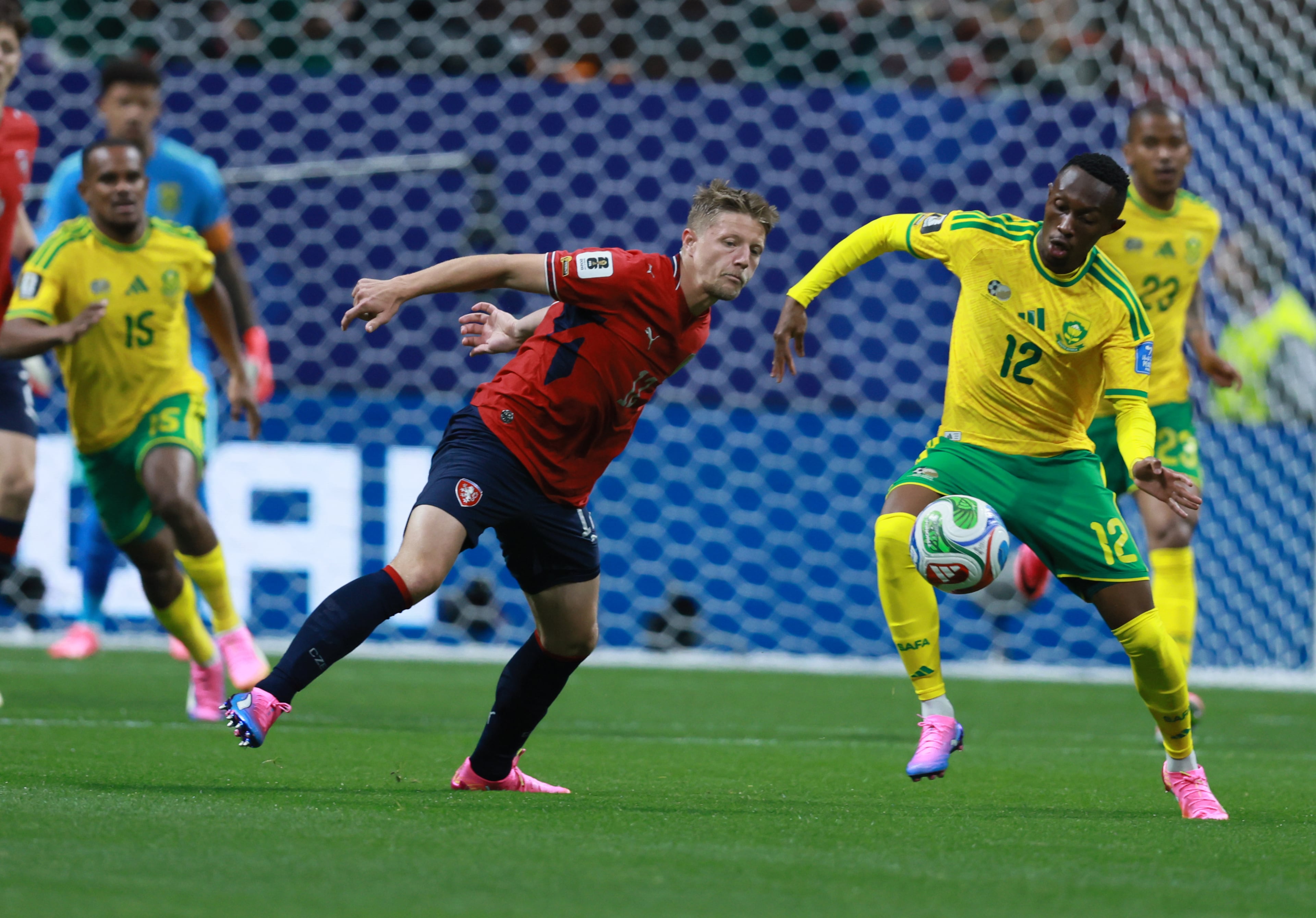 South Africa's Thapelo Maseko (right) controls the ball against Czechia's Lukas Cerv during the first half of the Czechia vs. South Africa World Cup match at Atlanta Stadium on Thursday, June 18, 2026. (Jason Getz/AJC)