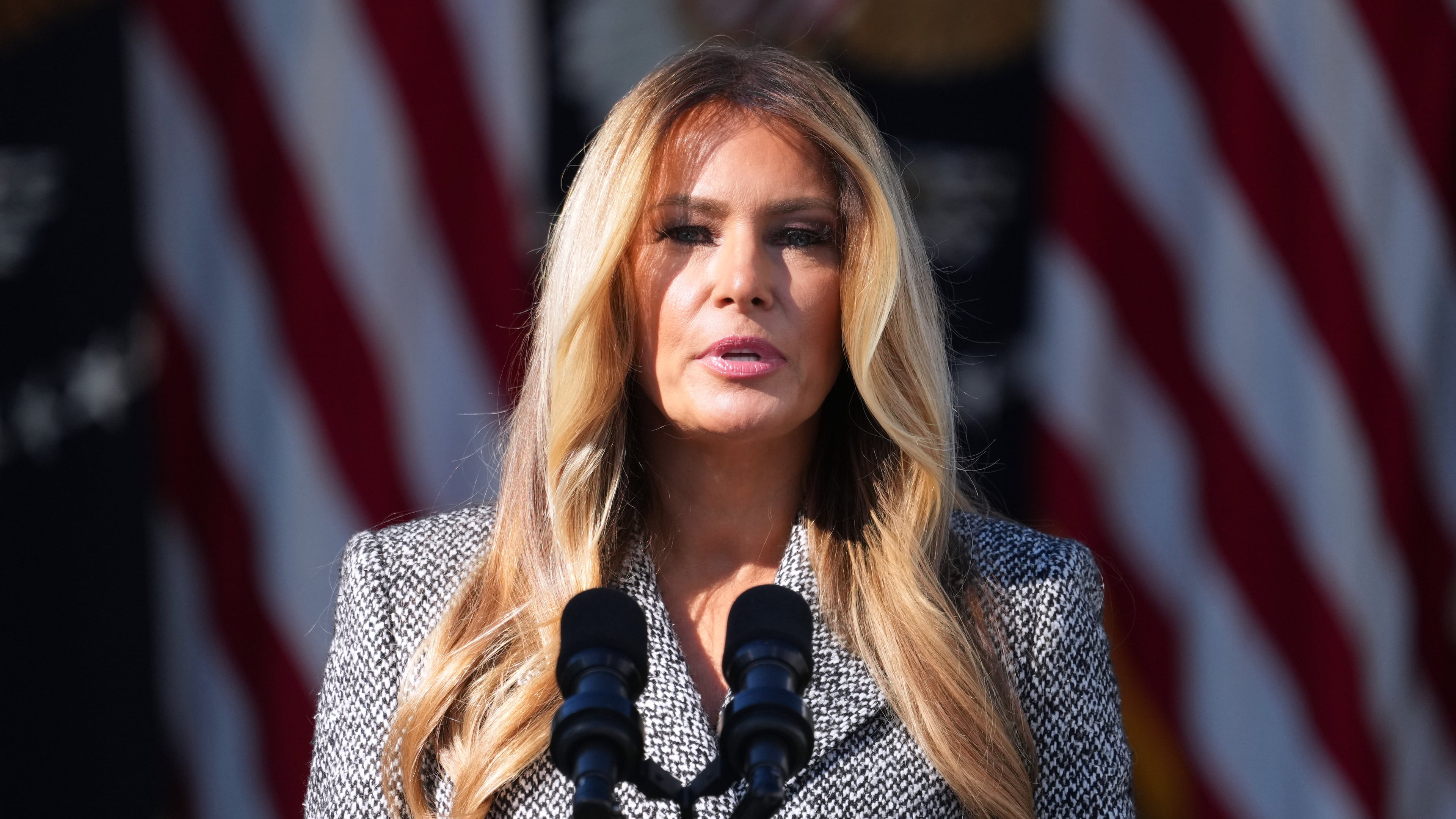 FILE - First lady Melania Trump speaks in the Rose Garden of the White House, Oct. 19, 2026, in Washington. (AP Photo/Mark Schiefelbein, File)