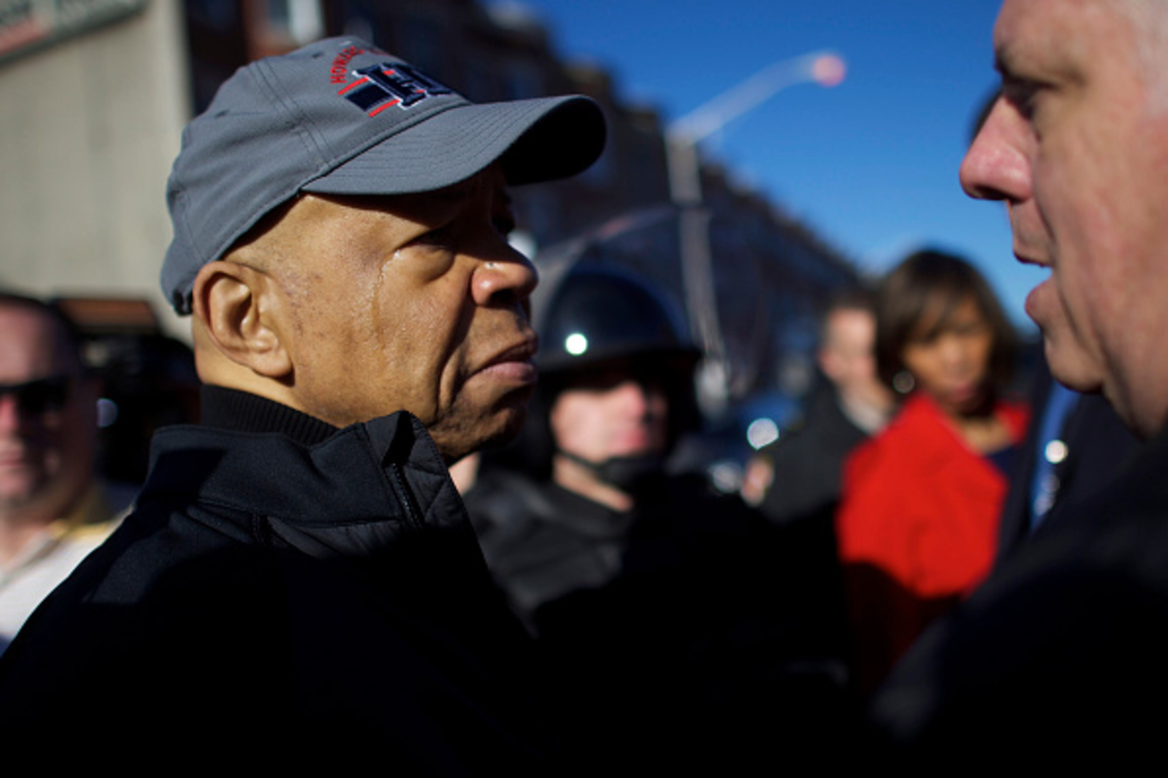 BALTIMORE, MD - APRIL 28: (L-R) Congressman Elijah Cummings cries while greeting Maryland Governor Larry Hogan the morning after citywide riots following the funeral of Freddie Gray, on April 28, 2015 in Baltimore, Maryland. Gray, 25, was arrested for possessing a switch blade knife April 12 outside the Gilmor Houses housing project on Baltimore's west side. According to his attorney, Gray died a week later in the hospital from a severe spinal cord injury he received while in police custody. (Photo by Mark Makela/Getty Images)