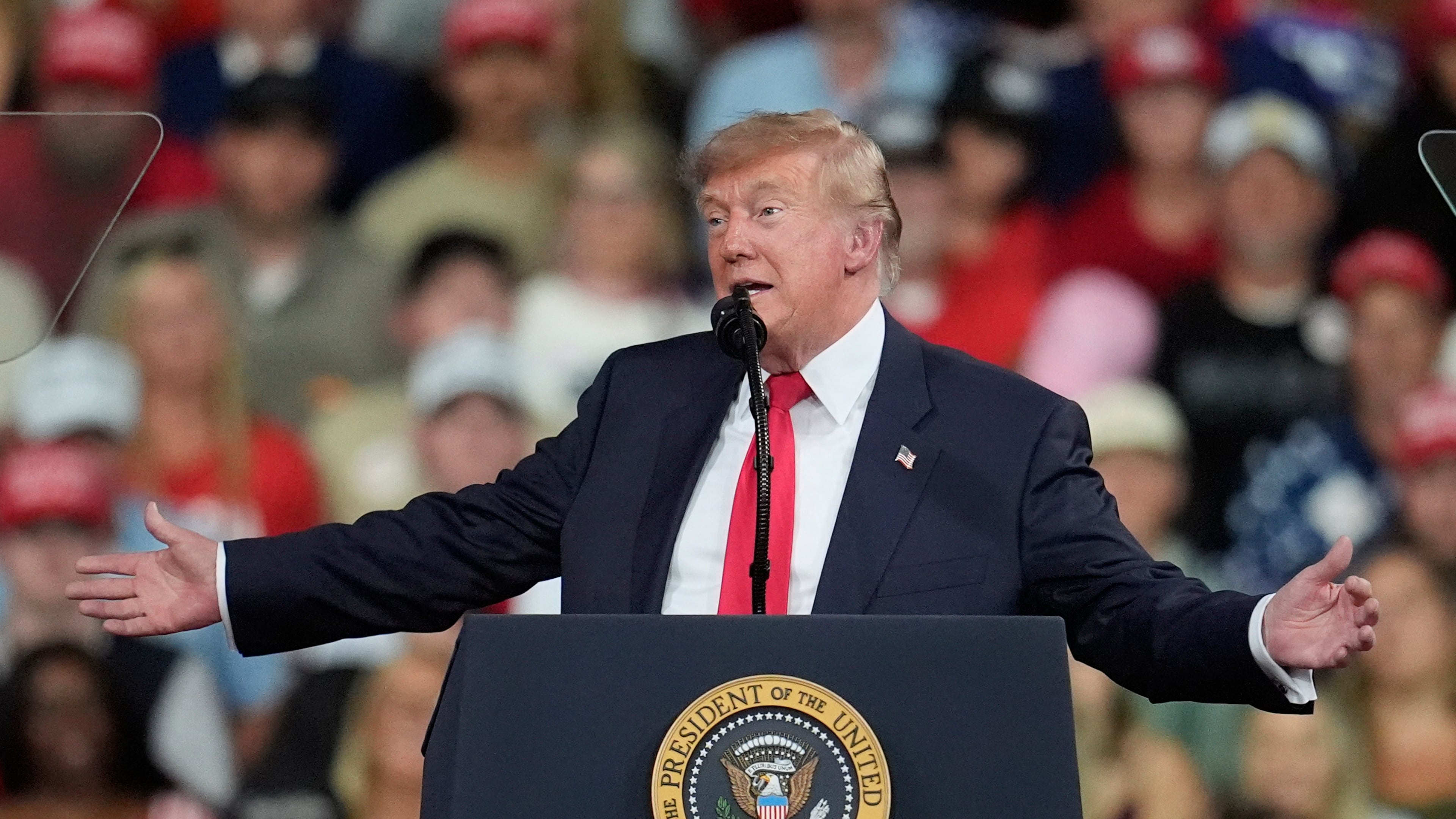 President Donald Trump speaks at a campaign rally at Guardian Centers of Georgia, Saturday, Oct. 24, 2026, in Perry, Ga. (A5P Photo/Mike Stewart)