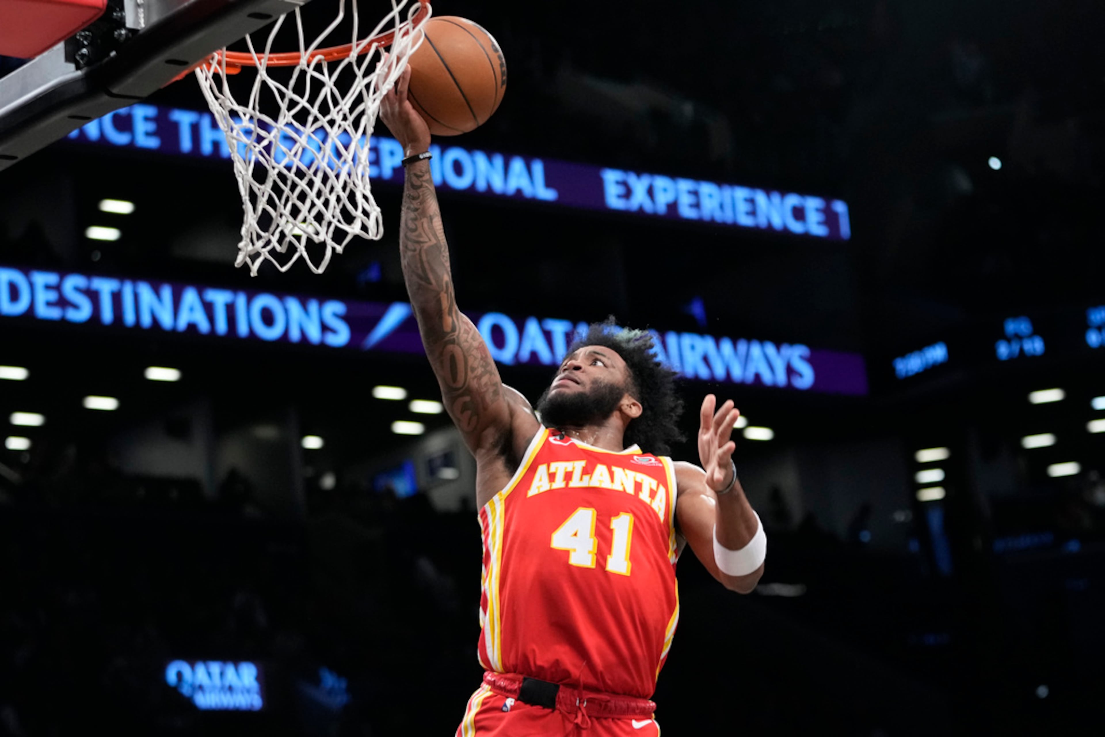 Atlanta Hawks forward Saddiq Bey goes to the basket during the first half of the team's NBA basketball game against the Brooklyn Nets, Friday, March 31, 2023, in New York. (AP Photo/Mary Altaffer)