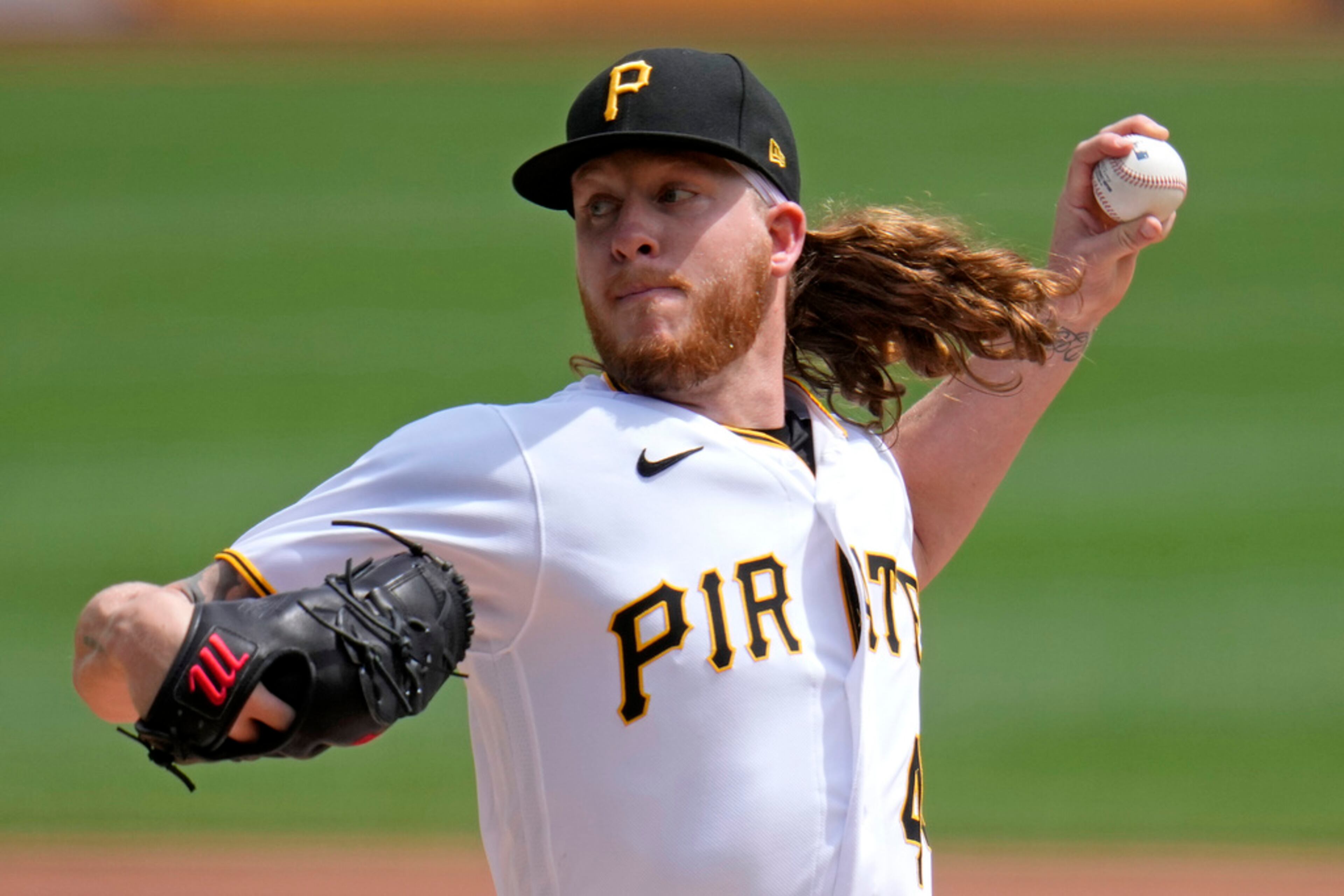 Pittsburgh Pirates starting pitcher Bailey Falter delivers during the first inning of a baseball game against the Atlanta Braves in Pittsburgh, Thursday, Aug. 10, 2023. (AP Photo/Gene J. Puskar)