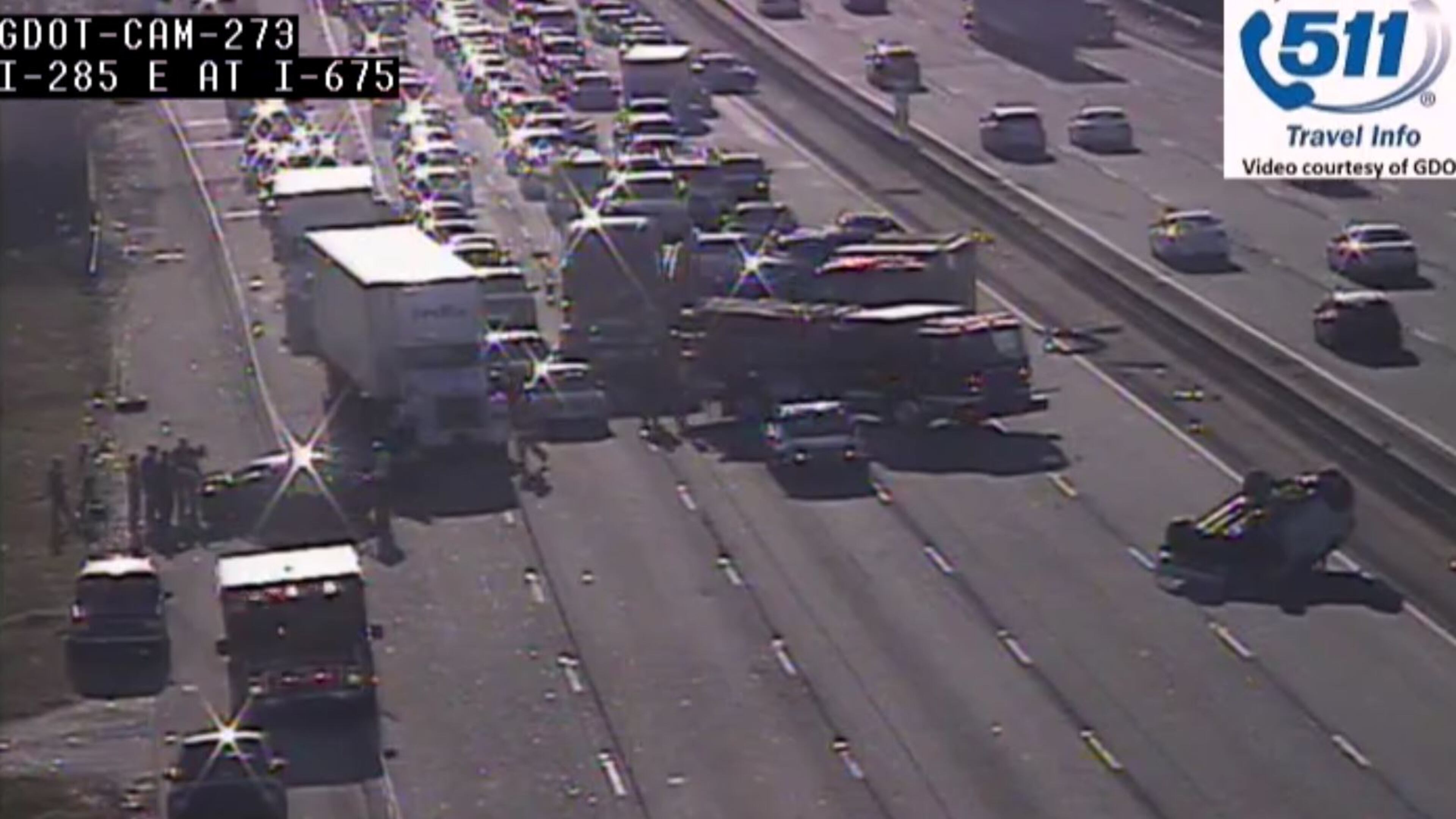 All lanes are now open on I-285 east at I-675 after a rollover crash about 5 p.m. Thursday. (Credit: Georgia Department of Transportation)