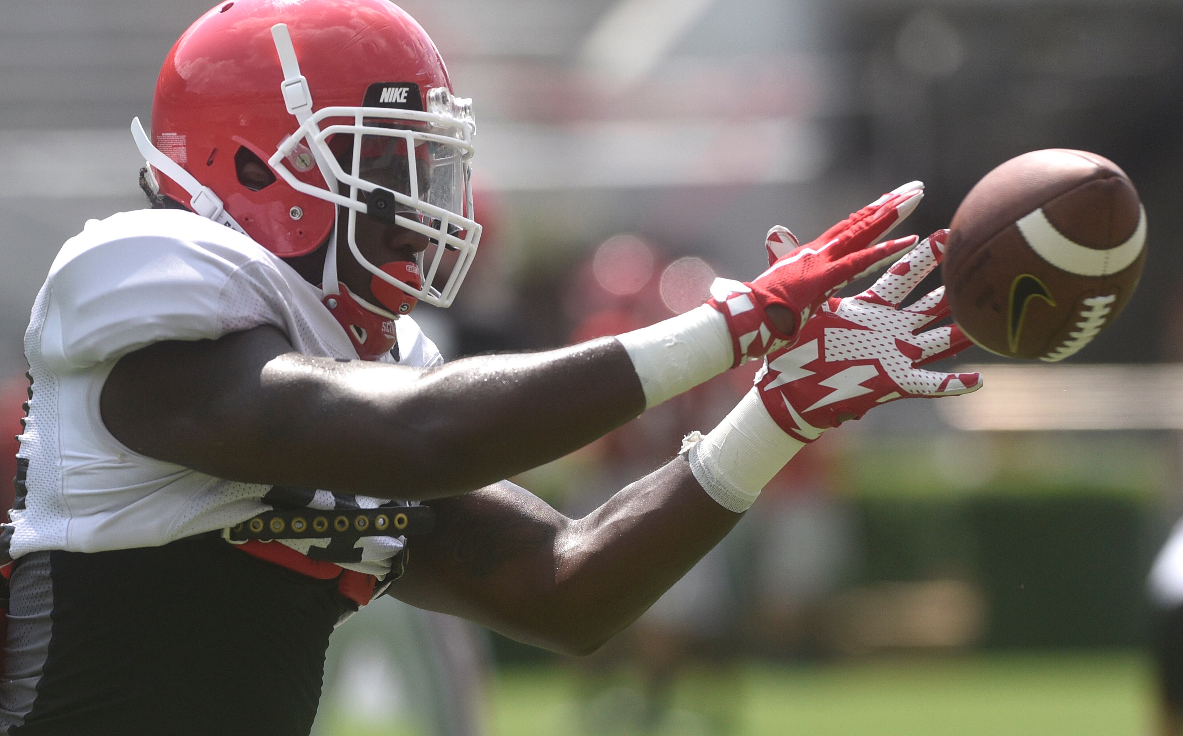 Georgia's Juwan Taylor catches a pass during an open practice at the annual UGA Fan Day at Sanford Stadium on Saturday, Aug 5, 2017 in Athens, Ga.
(RICHARD HAMM)