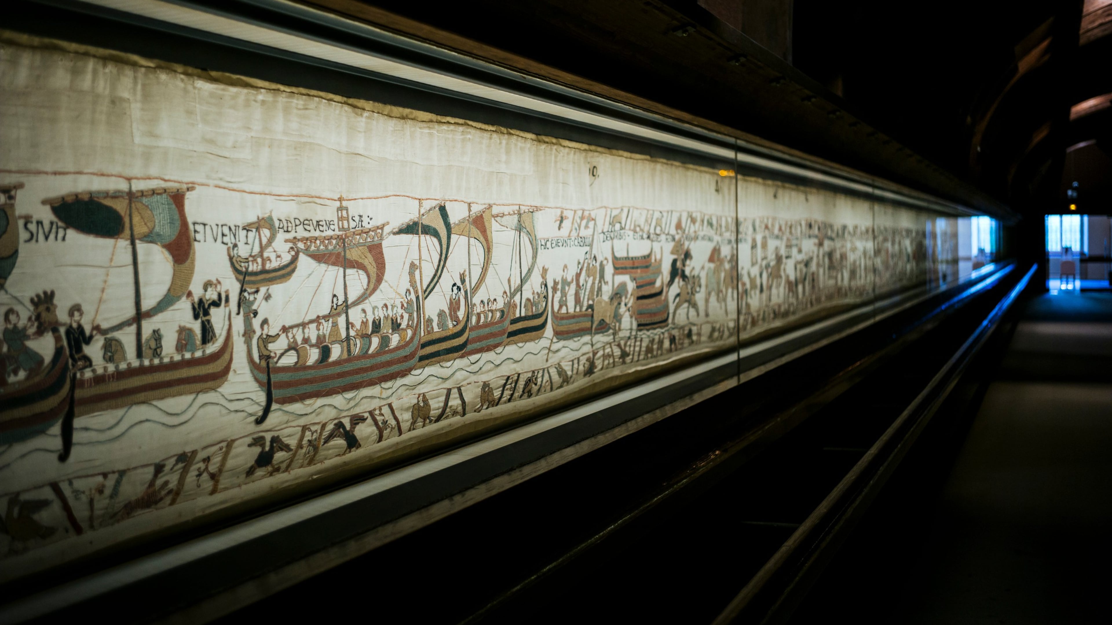 FILE - This photo taken Sept. 18, 2019 shows the 11th century Bayeux tapestry chronicling the Norman conquest of England, in Bayeux, Normandy, France. (AP Photo/Kamil Zihnioglu, File)