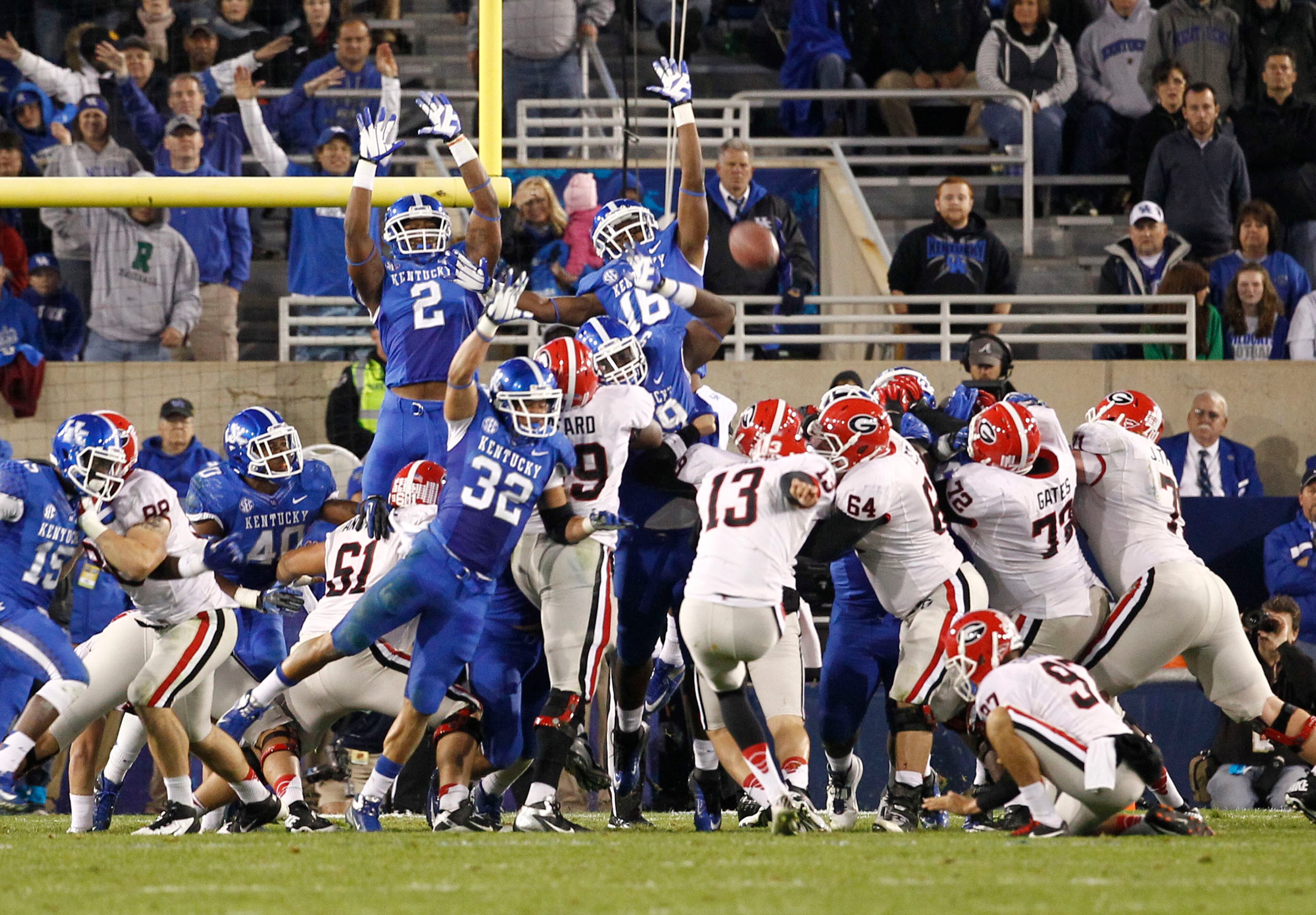 Georgia Bulldogs kicker Marshall Morgan's (13) kicks a second quarter field goal against Kentucky.