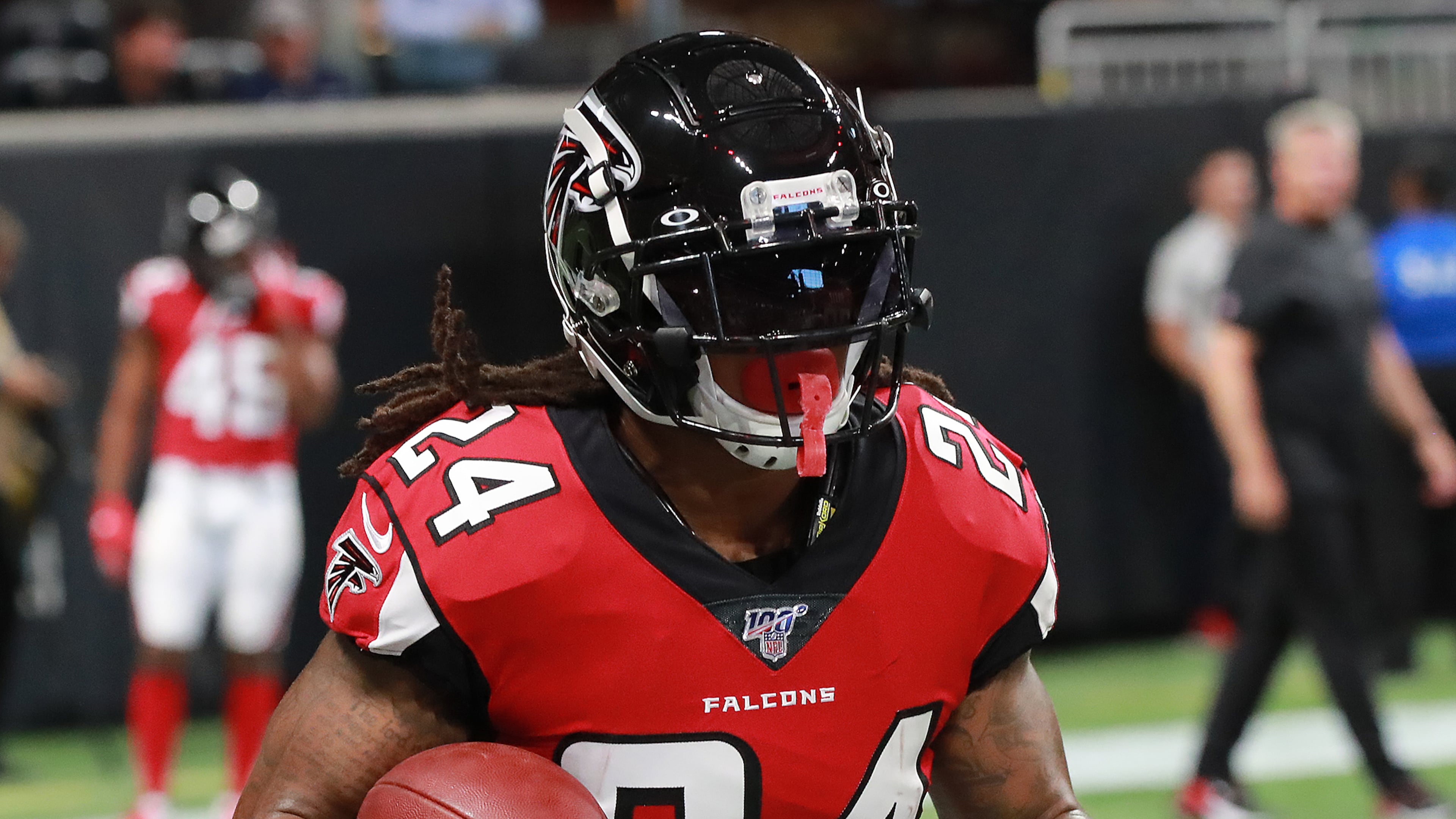 Falcons running back Devonta Freeman gets in some work before the team plays the New York Jets in a NFL preseason football game on Thursday, August 15, 2019, in Atlanta. Curtis Compton/ccompton@ajc.com