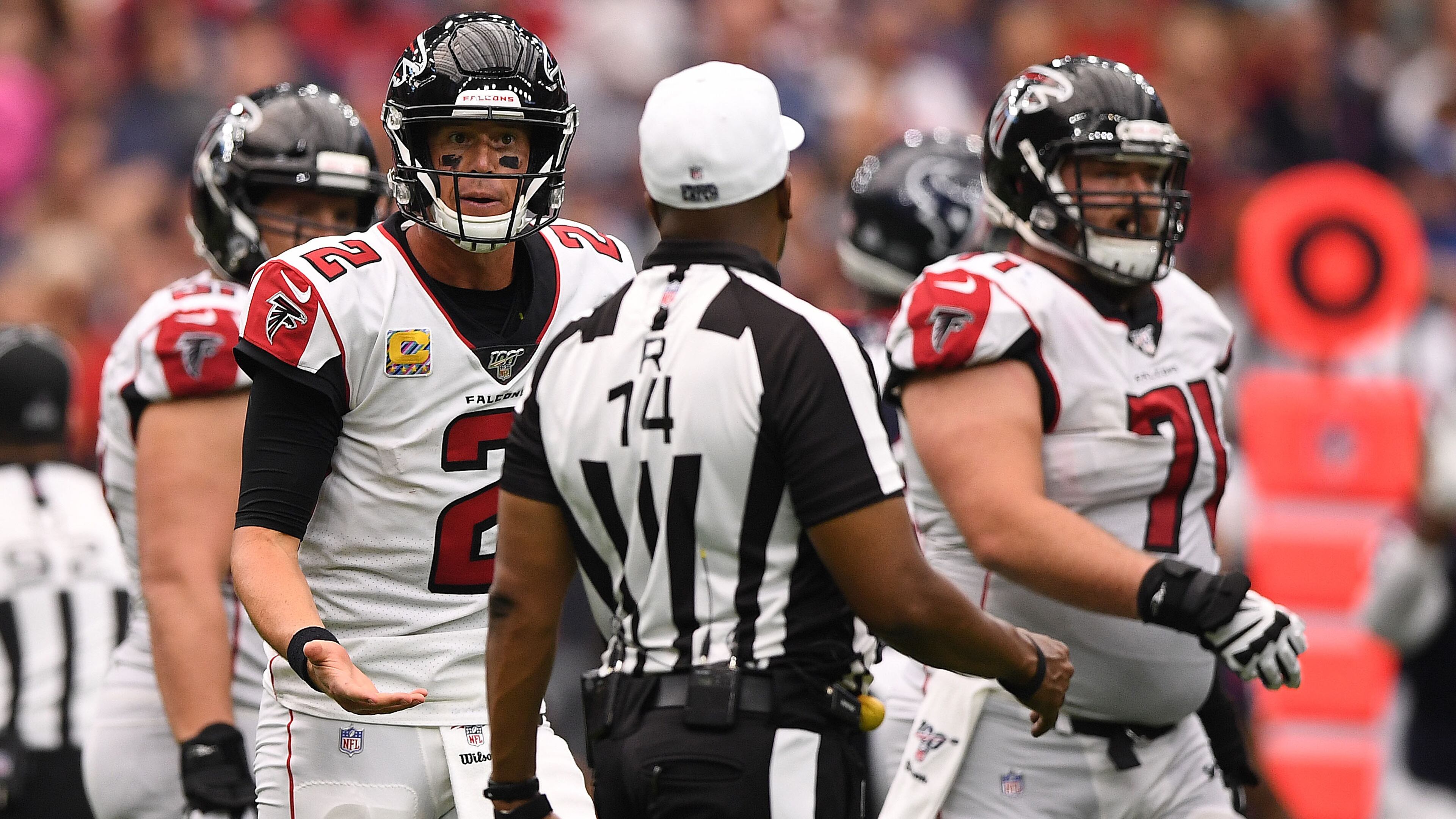 Falcons quarterback Matt Ryan questions an official in the third quarter against the Houston Texans Oct. 6, 2019, at NRG Stadium in Houston.