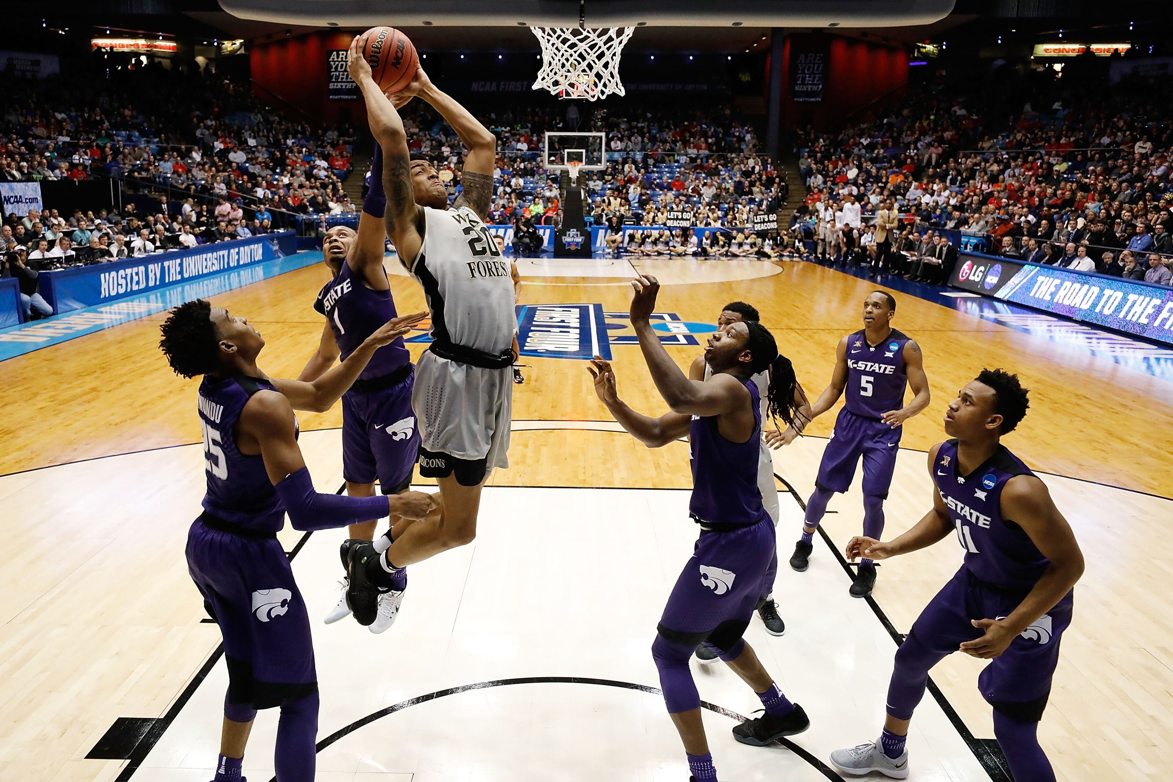 DAYTON, OH - MARCH 14: John Collins #20 of the Wake Forest Demon Deacons drives to the basket against the Kansas State Wildcats in the first half during the First Four game in the 2017 NCAA Men's Basketball Tournament at UD Arena on March 14, 2017 in Dayton, Ohio. (Photo by Gregory Shamus/Getty Images)