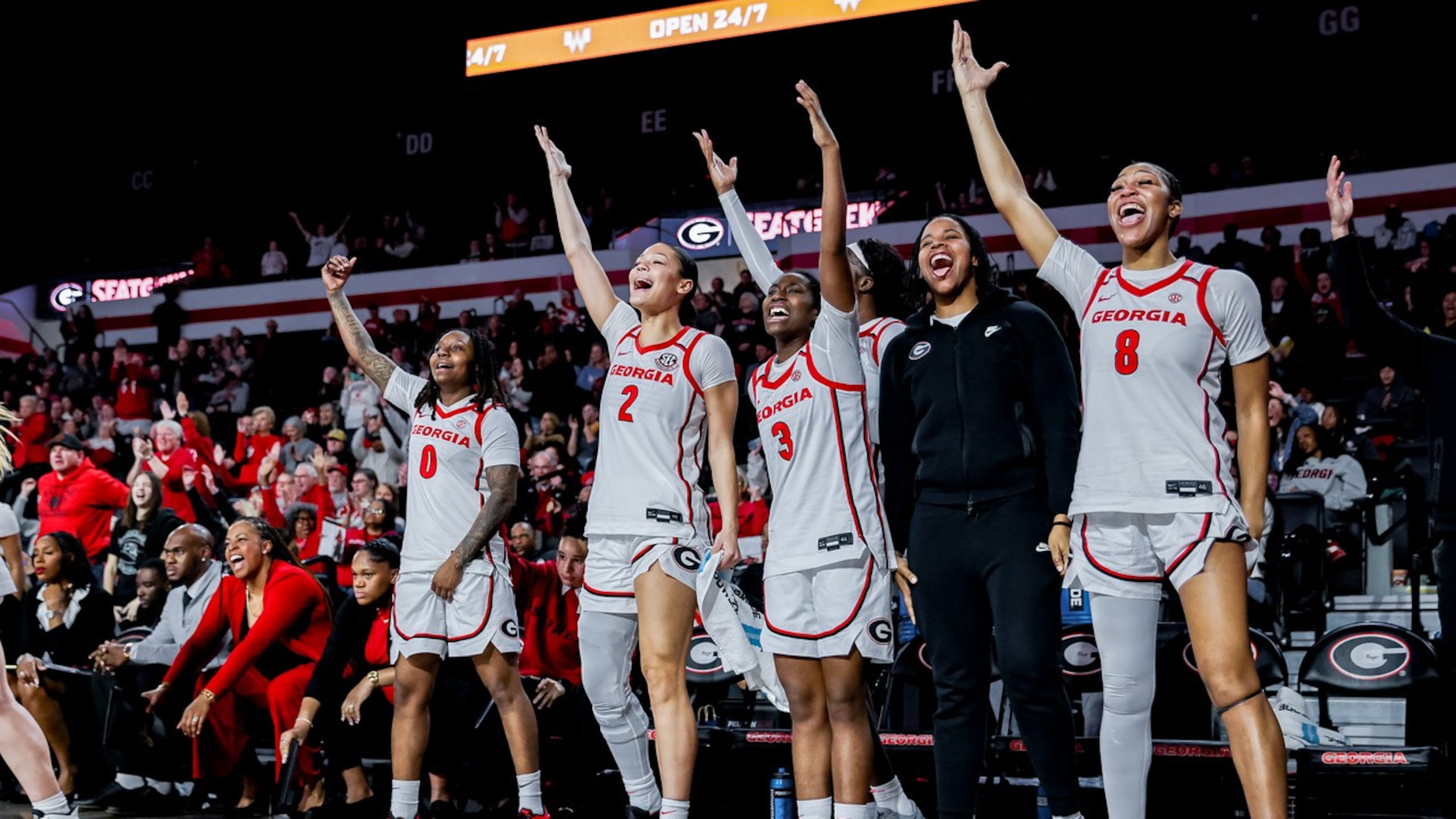 Trinity Turner (left), Savannah Henderson (second from left), Dani Carnegie (center)), Mia Woolfolk, and Zhen Craft (right) during Georgia’s game against Ole Miss at Stegeman Coliseum in Athens, Ga., on Sunday, Jan. 18, 2026.