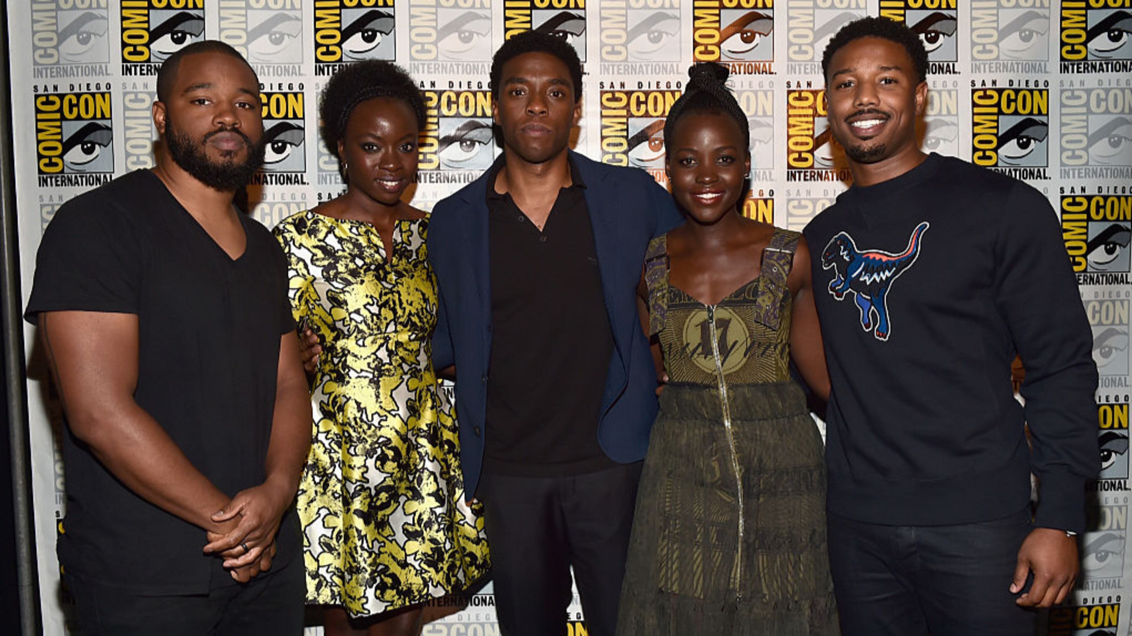 SAN DIEGO, CA - JULY 23: (L-R) Director Ryan Coogler, actors Danai Gurira, Chadwick Boseman, Lupita Nyong'o and Michael B. Jordan from Marvel Studios "Black Panther attend the San Diego Comic-Con International 2016 Marvel Panel in Hall H on July 23, 2016 in San Diego, California. ©Marvel Studios 2016 (Photo by Alberto E. Rodriguez/Getty Images for Disney)
