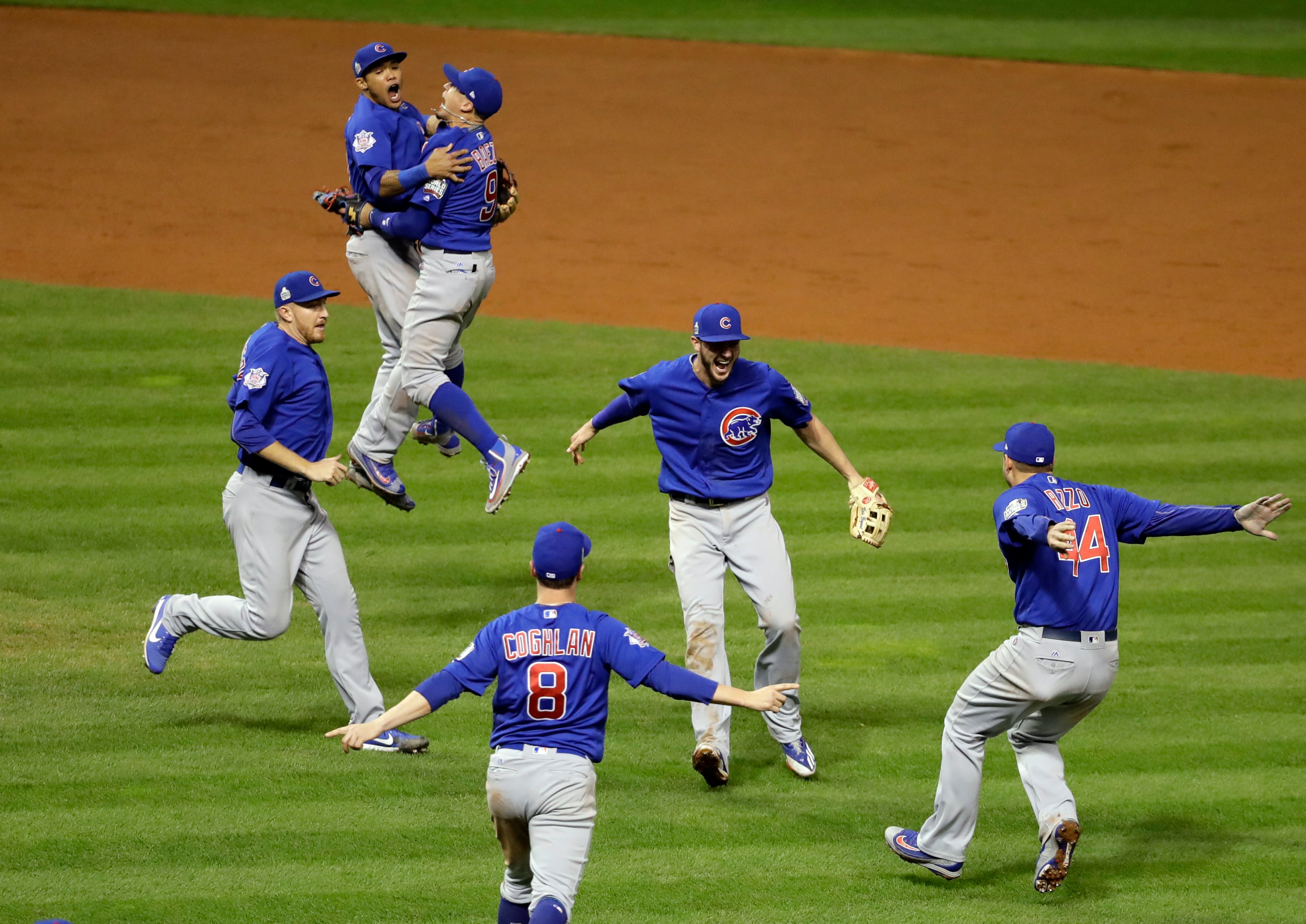 The Chicago Cubs celebrate after Game 7 of the Major League Baseball World Series against the Cleveland Indians Thursday, Nov. 3, 2016, in Cleveland. The Cubs won 8-7 in 10 innings to win the series 4-3.(AP Photo/Gene J. Puskar)