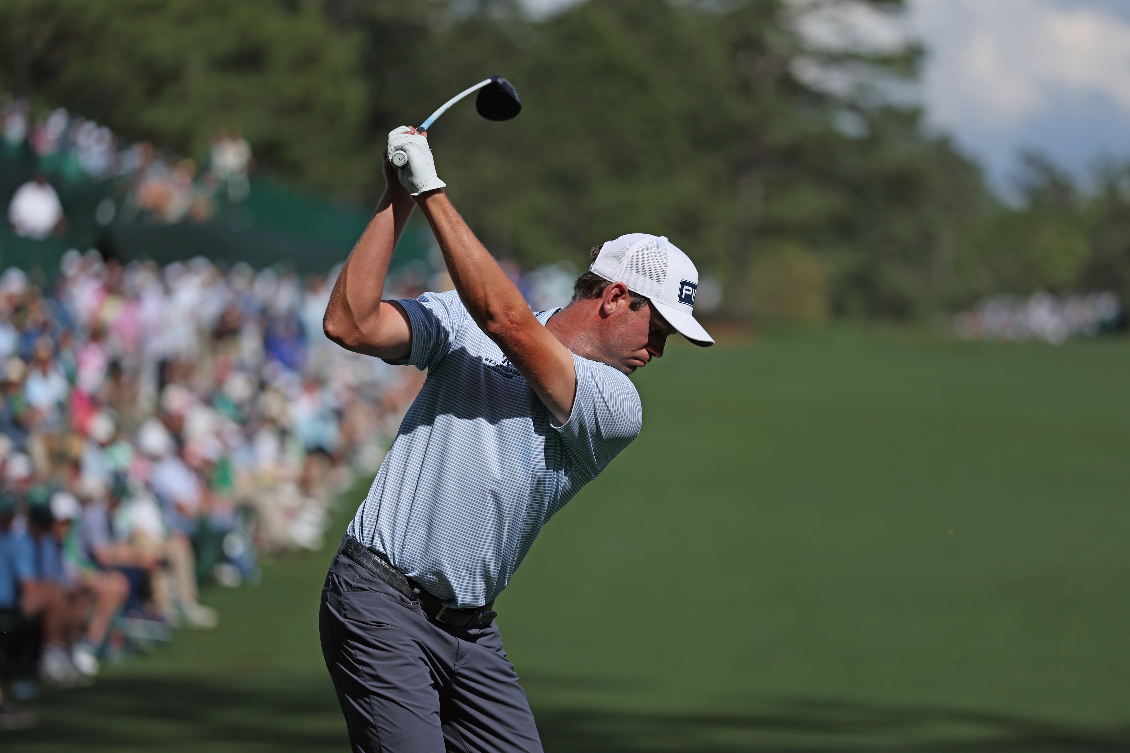 Harris English tees off on 14th hole during second round of the Masters golf tournament, at Augusta National Golf Club, Friday, April 11, 2025, in Augusta, Ga. (Jason Getz/AJC)