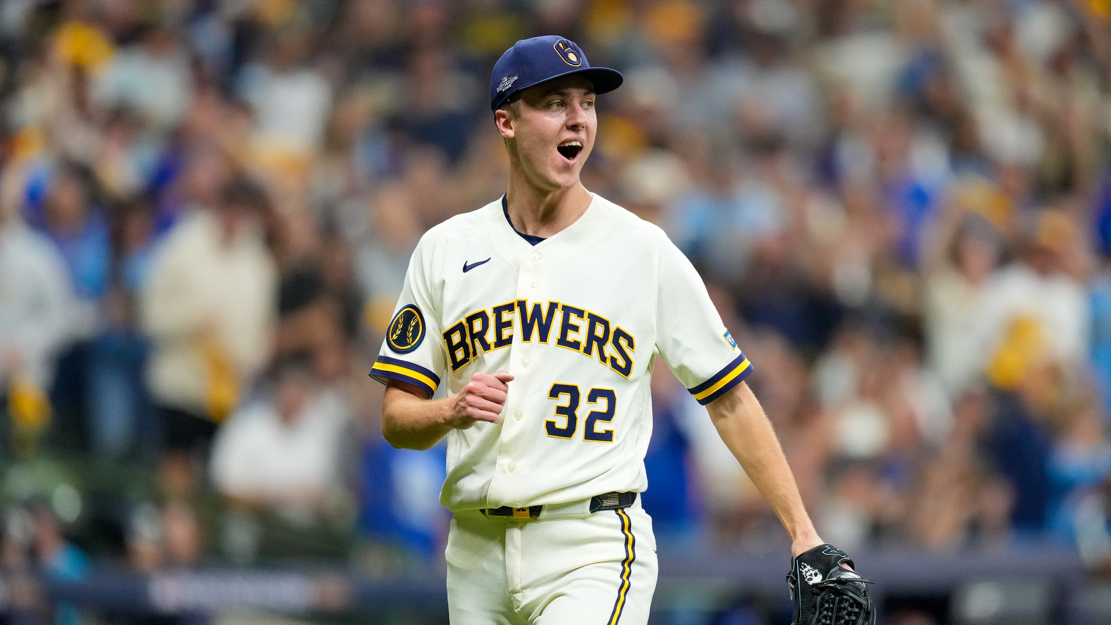Milwaukee Brewers pitcher Jacob Misiorowski reacts to striking out Los Angeles Dodgers designated hitter Shohei Ohtani during the third inning of Game 1 of baseball's National League Championship Series between the Milwaukee Brewers and the Los Angeles Dodgers, Sunday, Oct. 11, 2026, in Milwaukee. (AP Photo/Ashley Landis)