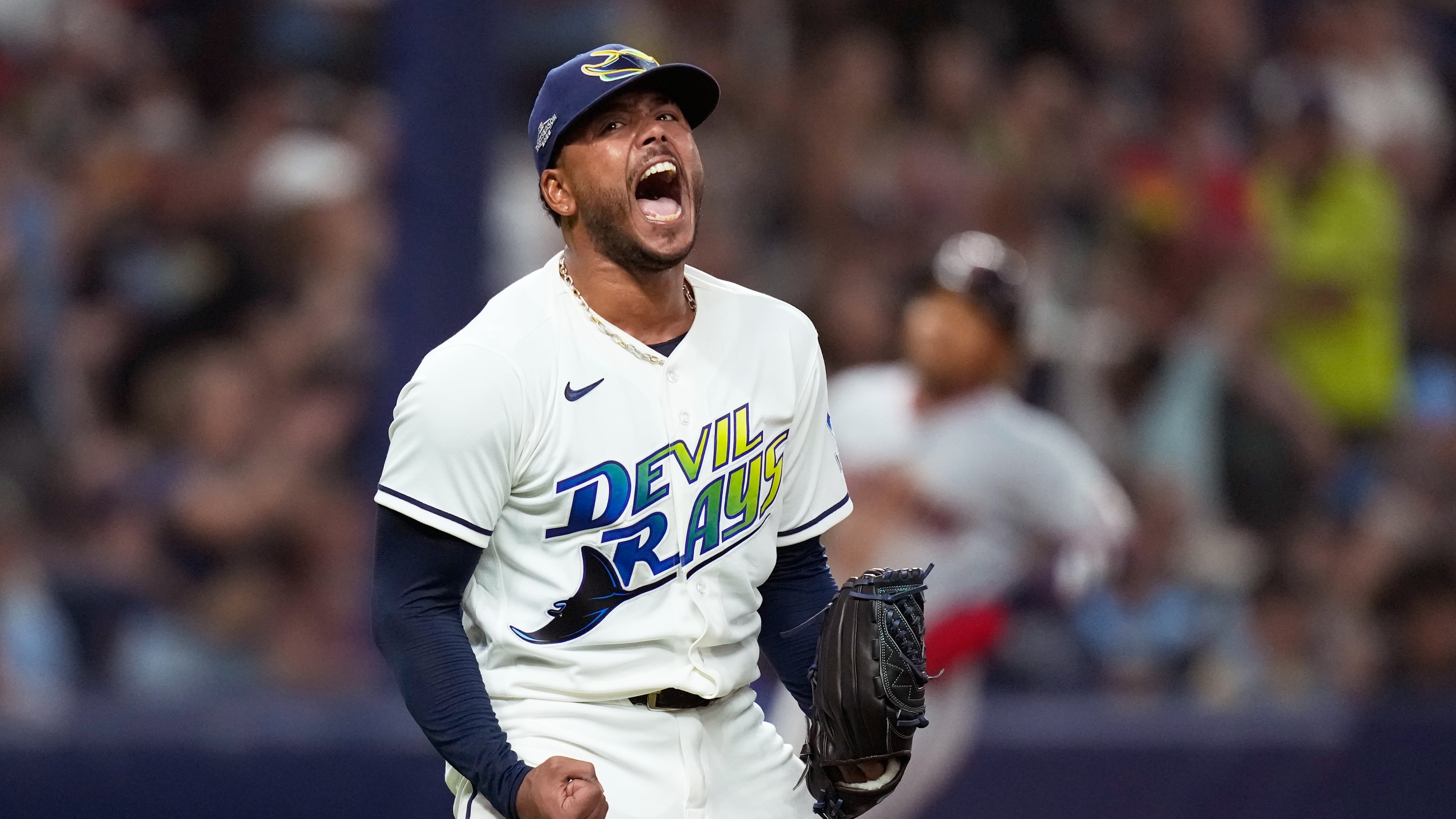 Tampa Bay Rays pitcher Freddy Peralta celebrates the last out in the top of the fifth inning in Game 2 of an American League Championship Series baseball game against the Cleveland Guardians in St. Petersburg, Fla. Tuesday, Oct. 13, 2026. (AP Photo/David J. Phillip)