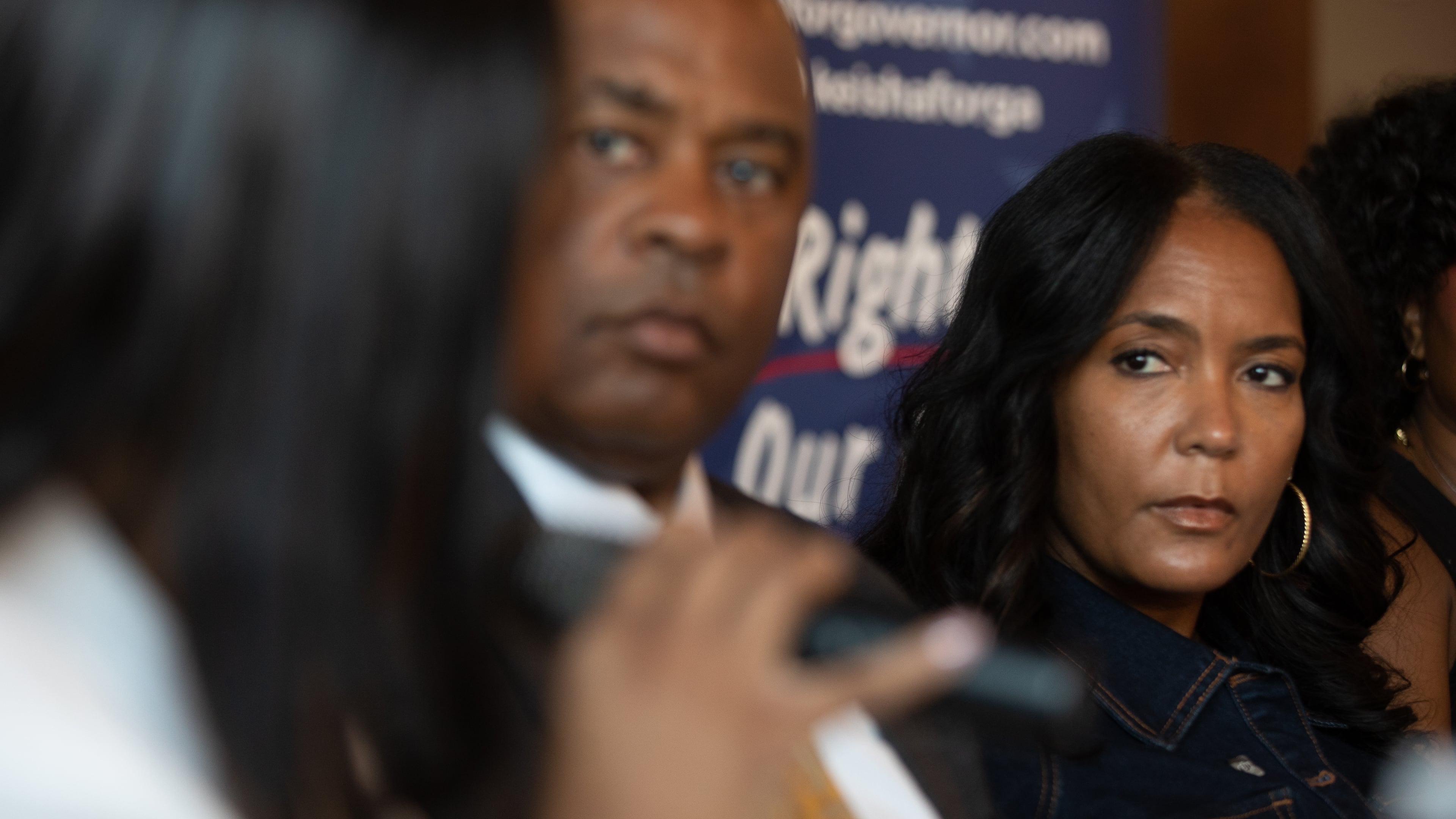 Democratic candidate for governor Keisha Lance Bottoms listens to health care providers during a roundtable discussion at Blend n' Brew coffee shop in Statesboro on July 29. 2026. (Riley Bunch/AJC)