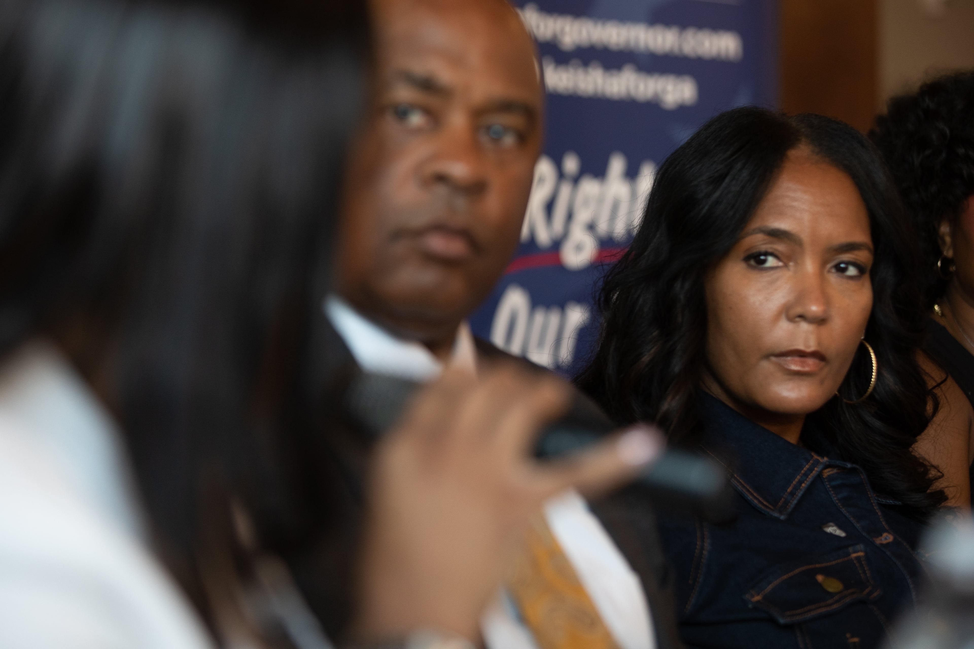 Democratic candidate for governor Keisha Lance Bottoms listens to health care providers during a roundtable discussion at Blend n' Brew coffee shop in Statesboro on July 29. 2026. (Riley Bunch/AJC)