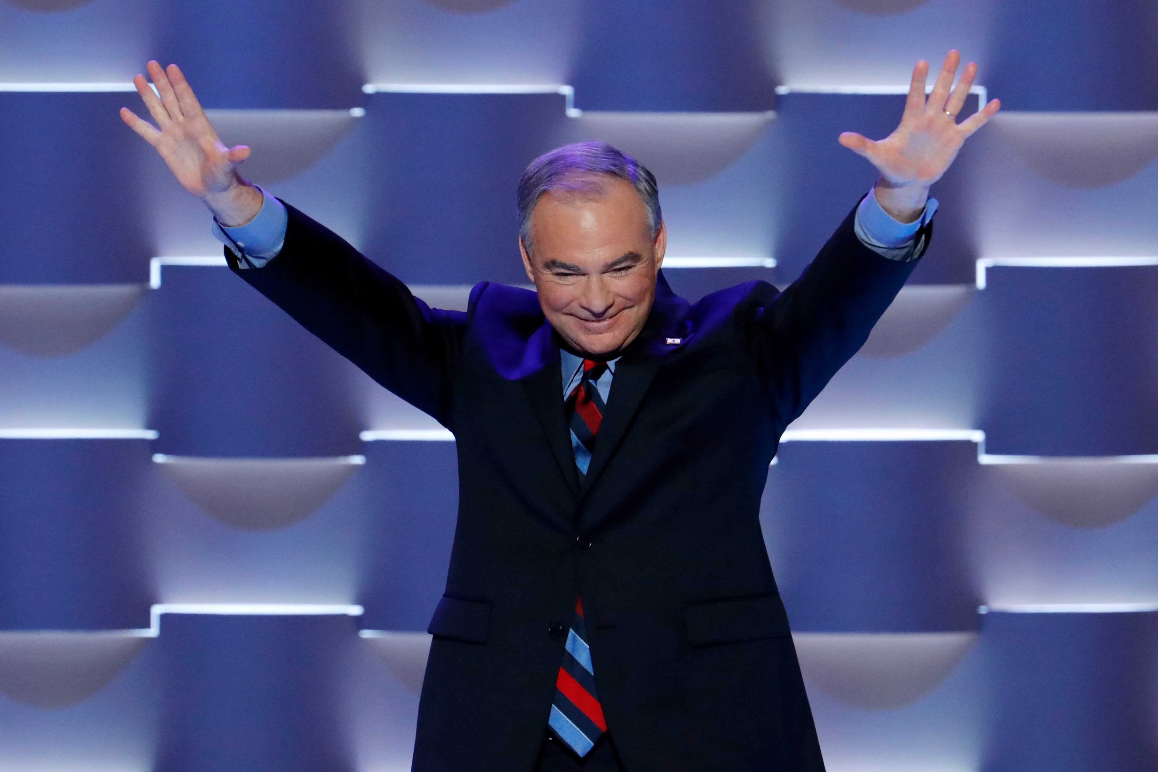 Democratic vice presidential candidate Sen. Tim Kaine, D-Va., waves as he walks on the stage during the third day of the Democratic National Convention in Philadelphia, Wednesday, July 27, 2016. (AP Photo/J. Scott Applewhite)