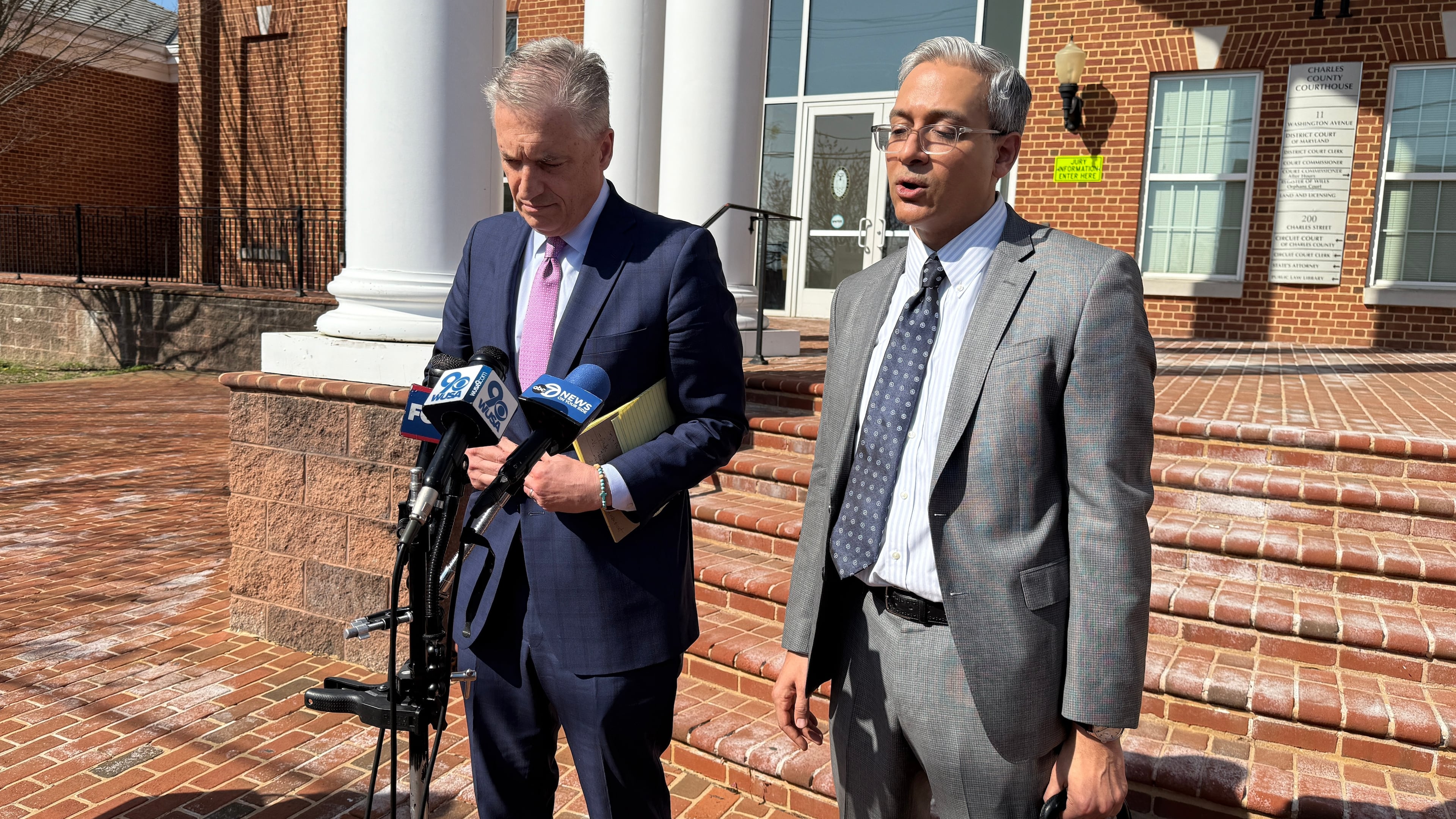 Defense attorneys Hammad Matin, right, and Andrew Jezic, who are representing Dayton James Webber, speak to reporters outside of Charles County District Court in La Plata, Md.,, on Wednesday, April 1, 2026. (AP Photo/Brian Witte)