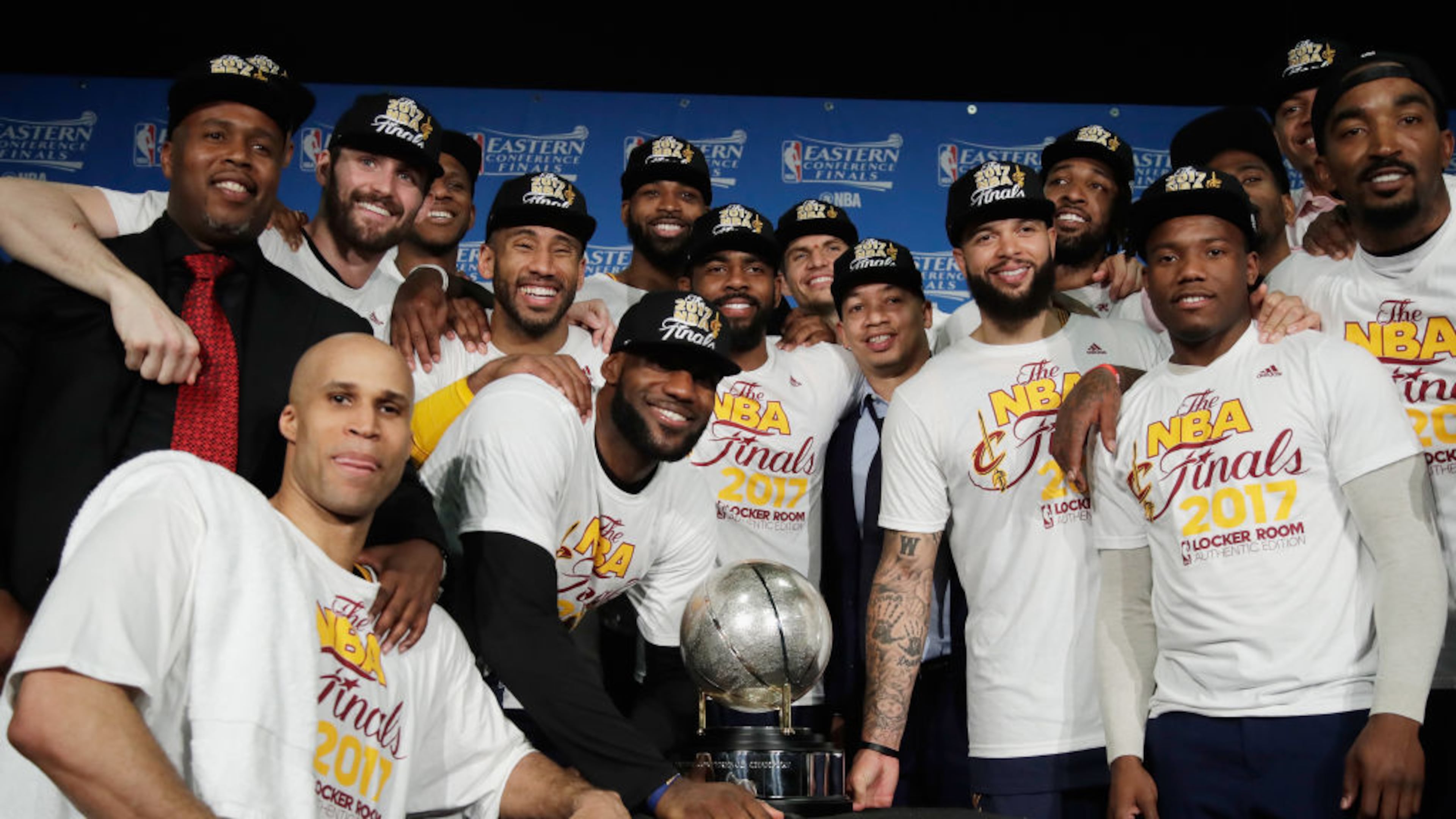 The Cleveland Cavaliers pose with the Eastern Conference Championship Trophy after defeating the Boston Celtics 135-102 in Game Five of the 2017 NBA Eastern Conference Finals at TD Garden on May 25, 2017 in Boston, Massachusetts. The Cleveland Cavaliers defeat the Boston Celtics 4-1 in the Eastern Conference Finals to advance to the 2017 NBA Finals. (Photo by Elise Amendola - Pool/Getty Images)