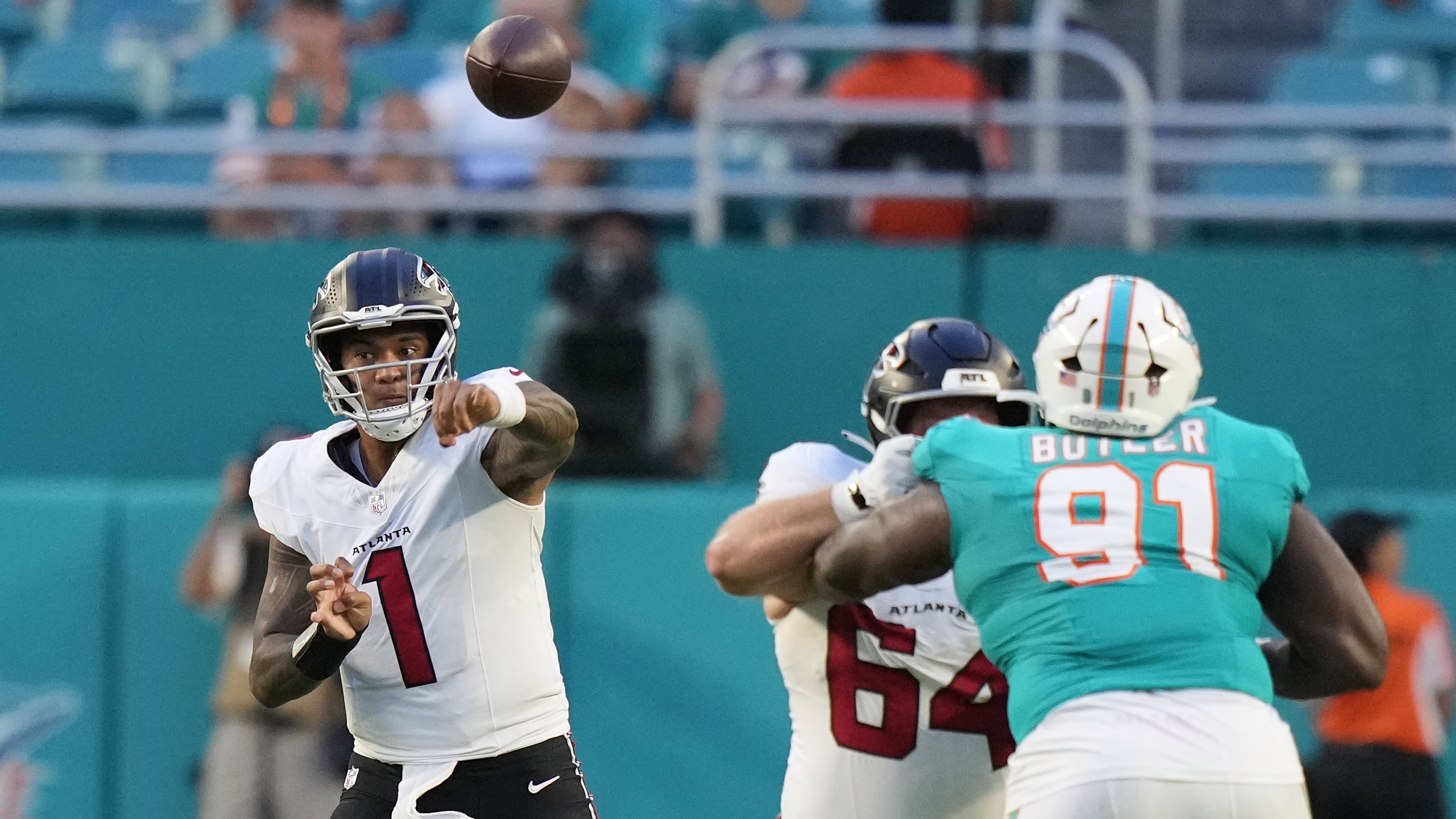 Atlanta Falcons quarterback Tua Tagovailoa passes against the Miami Dolphins during the first half of an NFL preseason football game, Friday, Aug. 28, 2026, in Miami Gardens, Fla. (Lynne Sladky/AP)