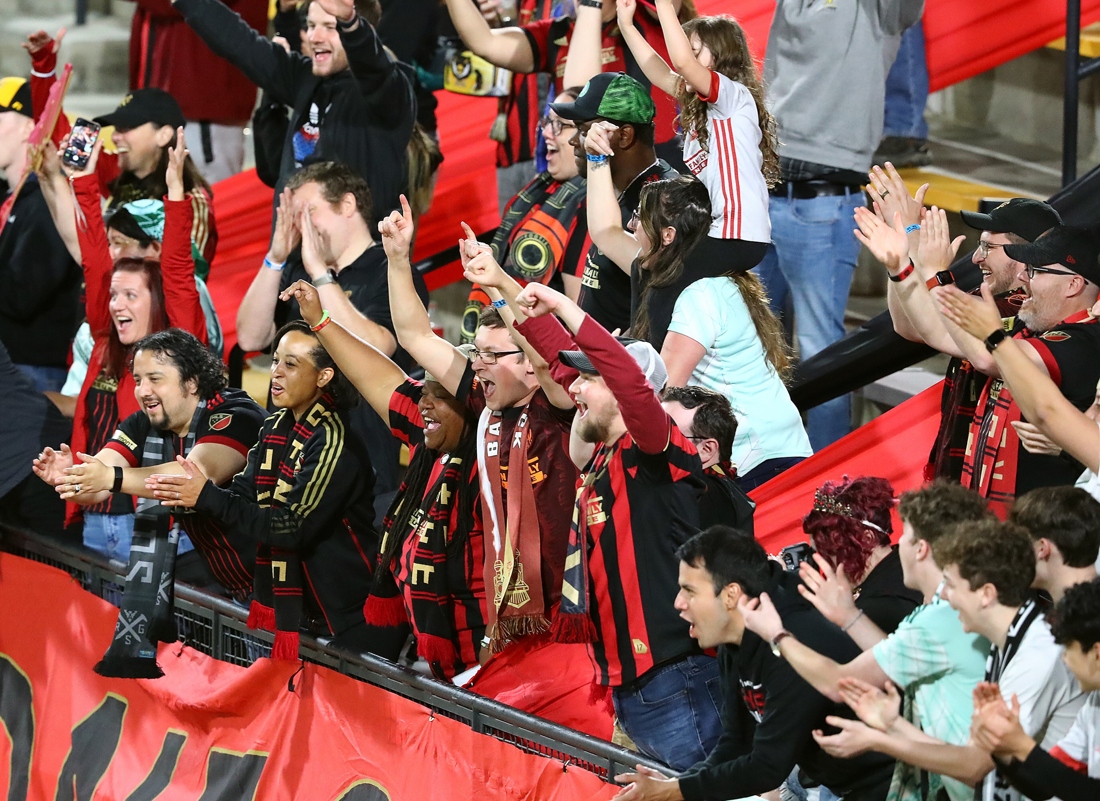 Atlanta United fans celebrate a 6-0 victory over Chattanooga FC in the Lamar Hunt U.S. Open Cup on Wednesday, April 20, 2022, in Kennesaw. “Curtis Compton / Curtis.Compton@ajc.com”