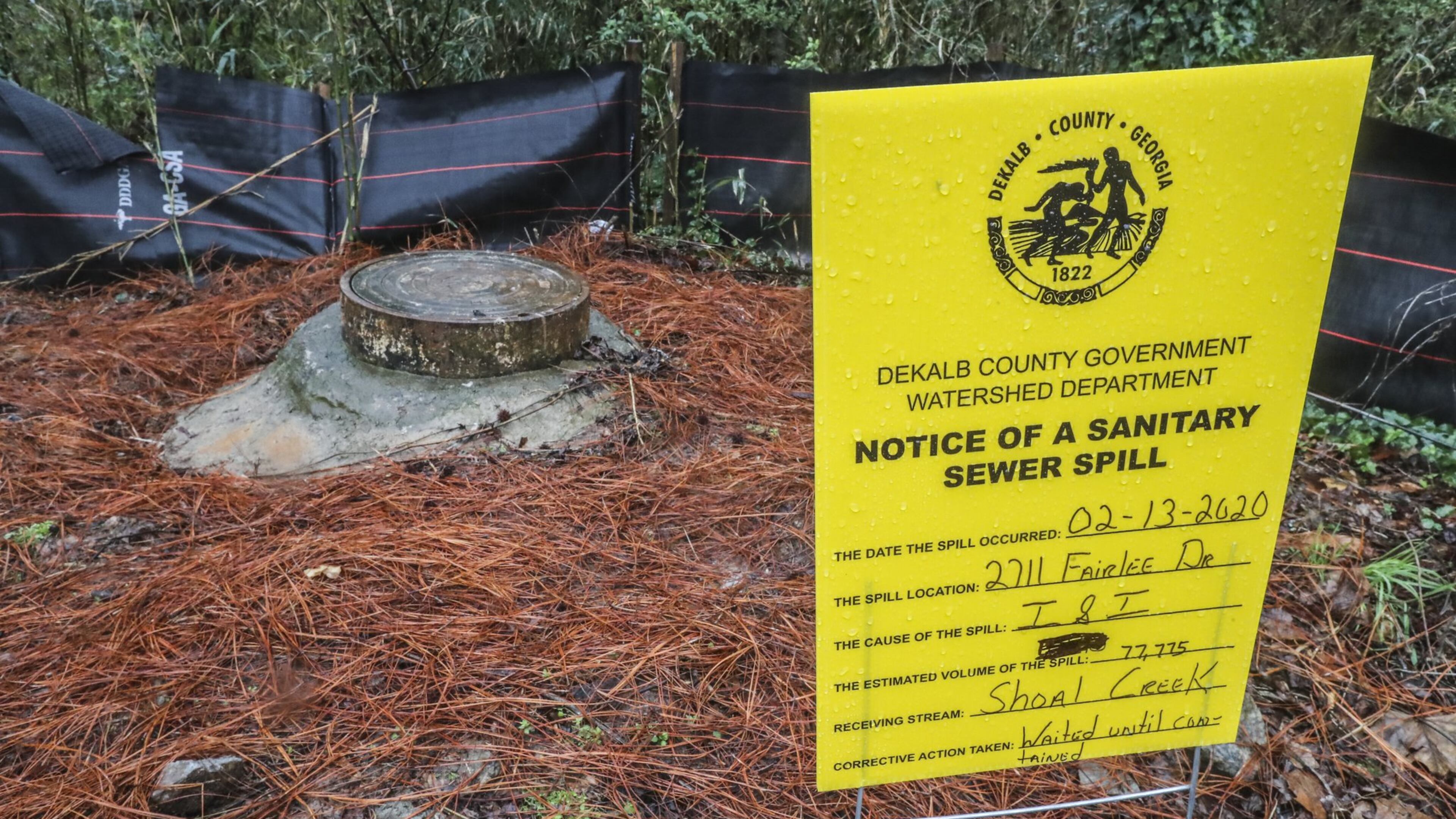 Sewage spill notifications were posted on Thursday at Nancy Creek at 4148 Tilly Milly Road at Bernard Halpern Park in Doraville where sewage overflows occurred. A sewer spill last week sent more than 9 million gallons into Snapfinger Creek. It was the largest spill in a decade. JOHN SPINK/JSPINK@AJC.COM