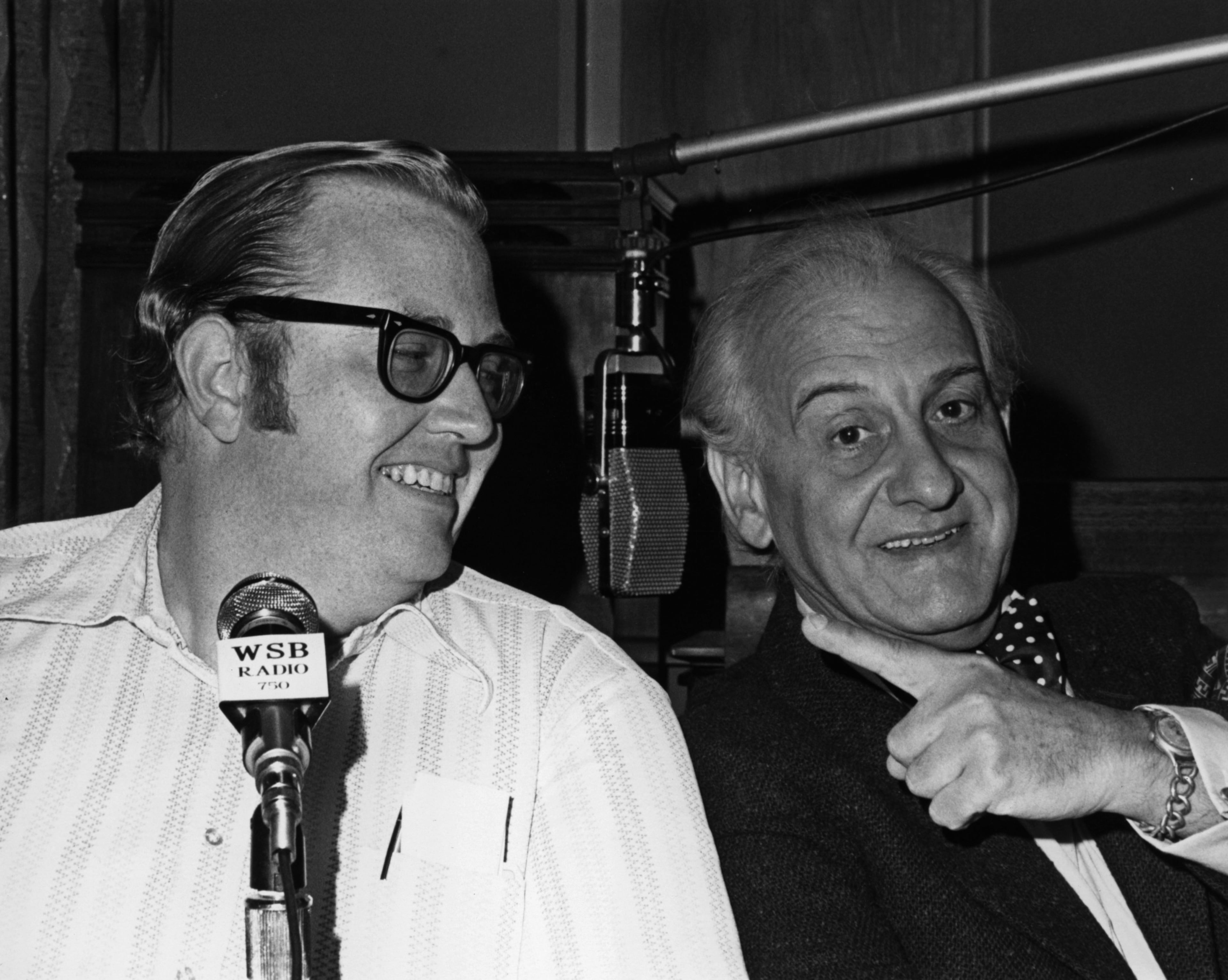 WSB morning host John Moore (left) interviews actor and comic Hans Conried in 1973. (Courtesy WSB Radio archives)