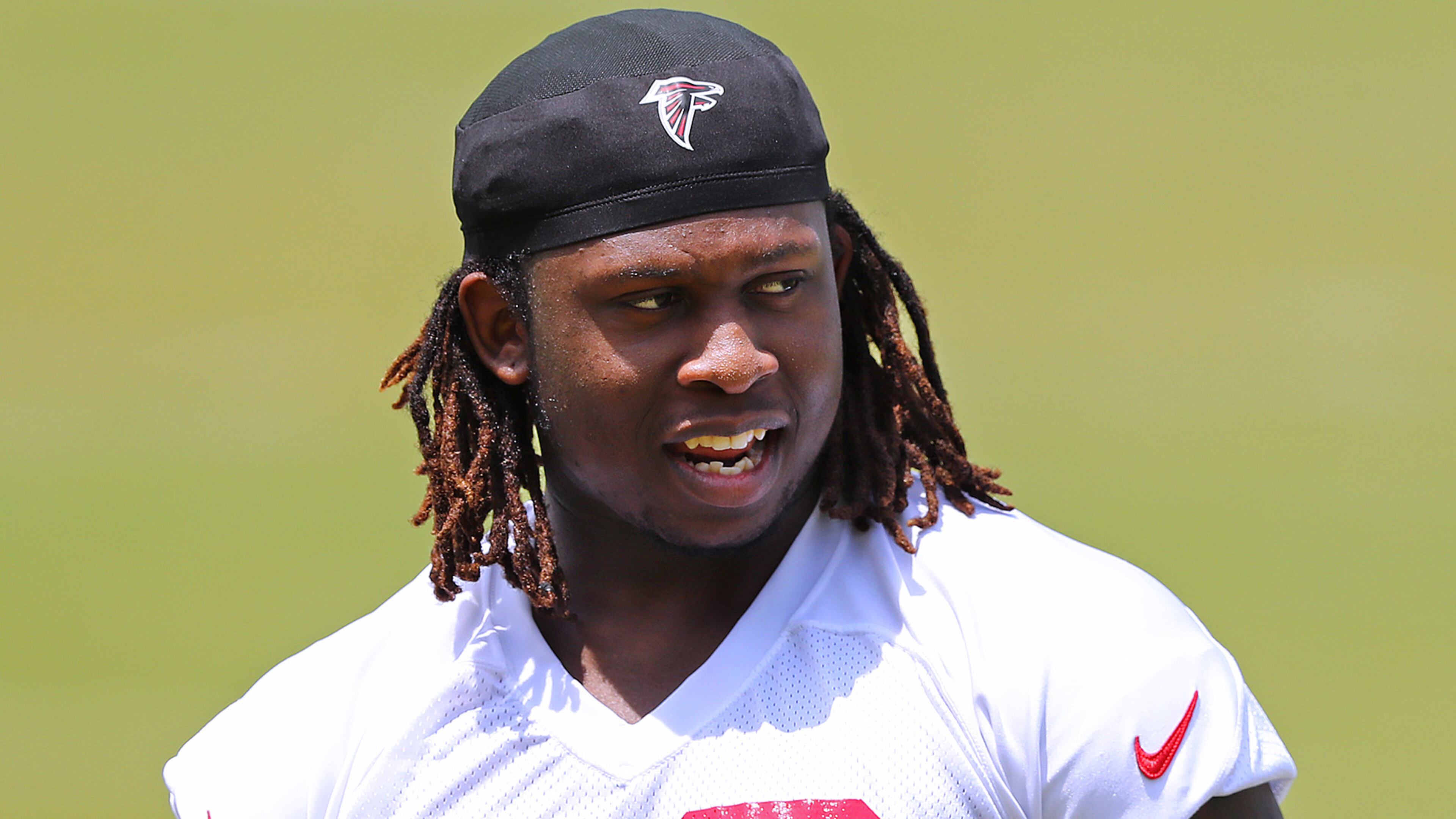 May 12, 2017, Flowery Branch: Falcons first-round pick rookie defensive end/linebacker Takkarist McKinley, UCLA, takes the field during rookie mini-camp on Friday, May 12, 2017, in Flowery Branch. Curtis Compton/ccompton@ajc.com