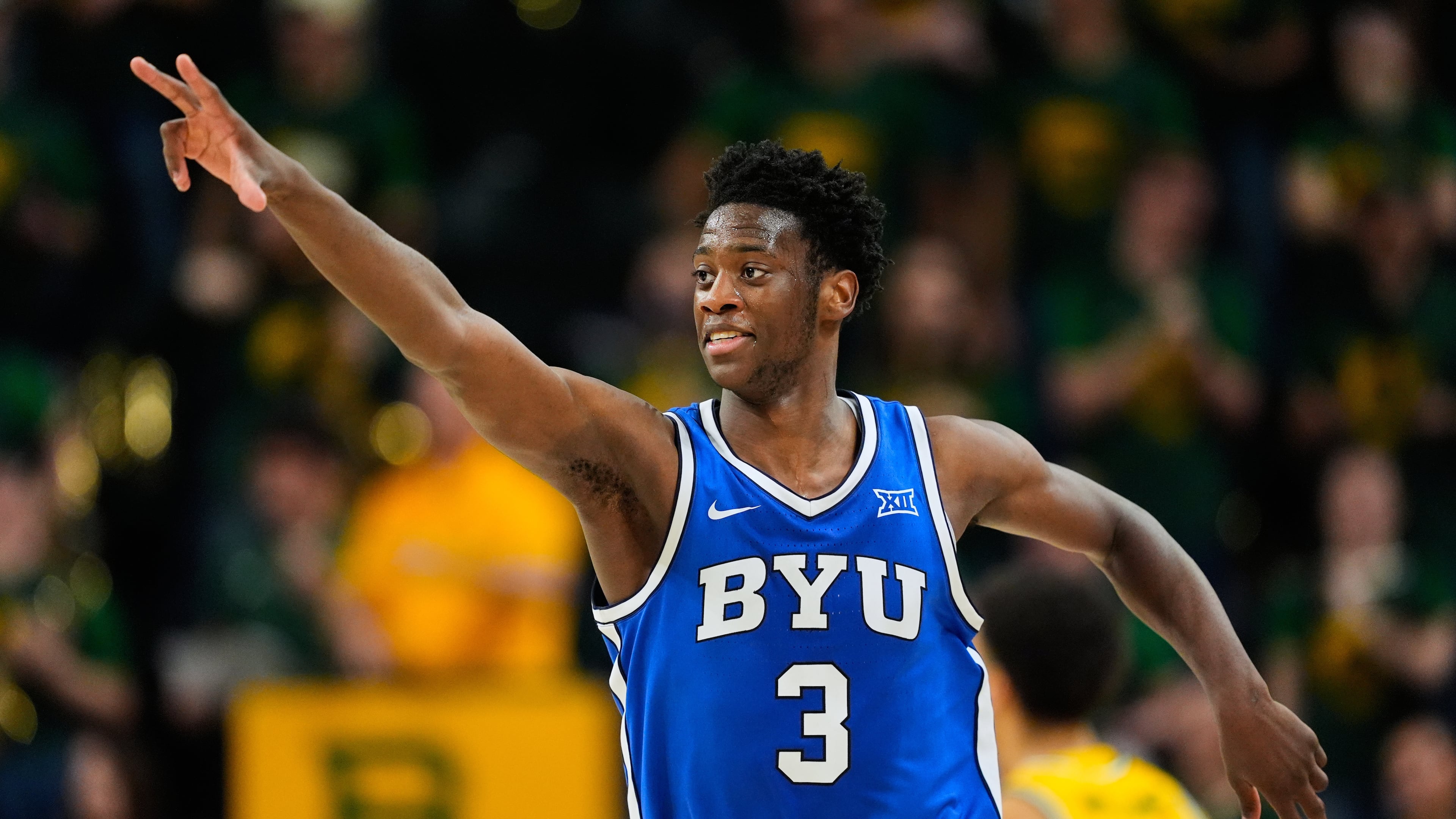 FILE - BYU forward AJ Dybantsa celebrates his three-pointer in the second half of an NCAA college basketball game against Baylor, Feb. 10, 2026, in Waco, Texas. (AP Photo/Tony Gutierrez, File)