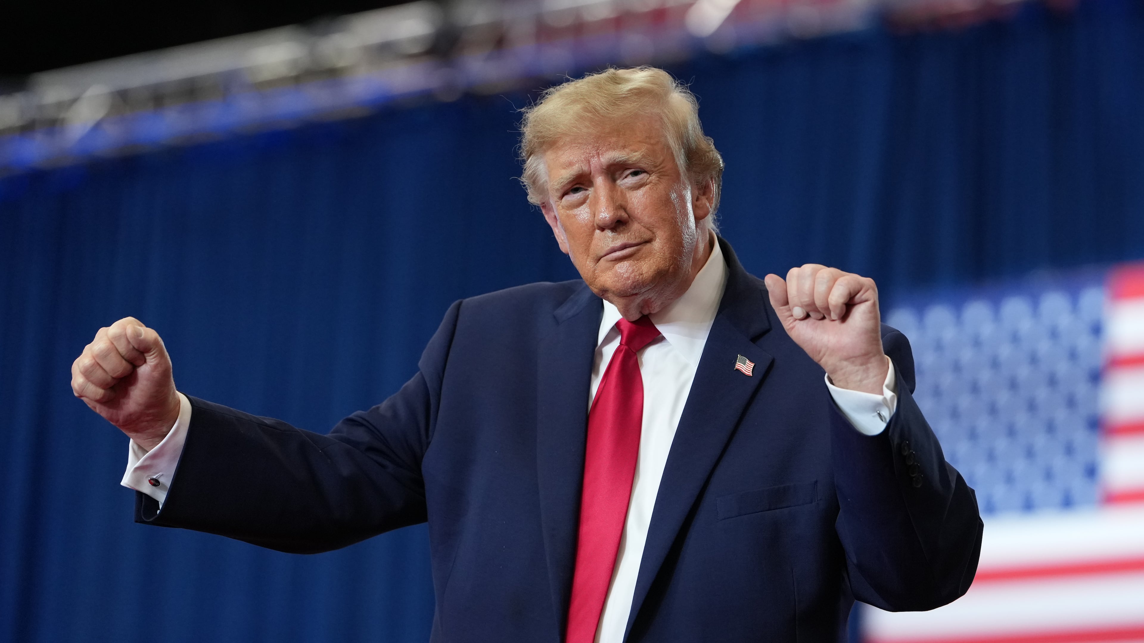President Donald Trump dances at a campaign rally at the Lubbock Memorial Civic Center, Tuesday, Oct. 27, 2026, in Lubbock, Texas. (AP Photo/Alex Brandon)