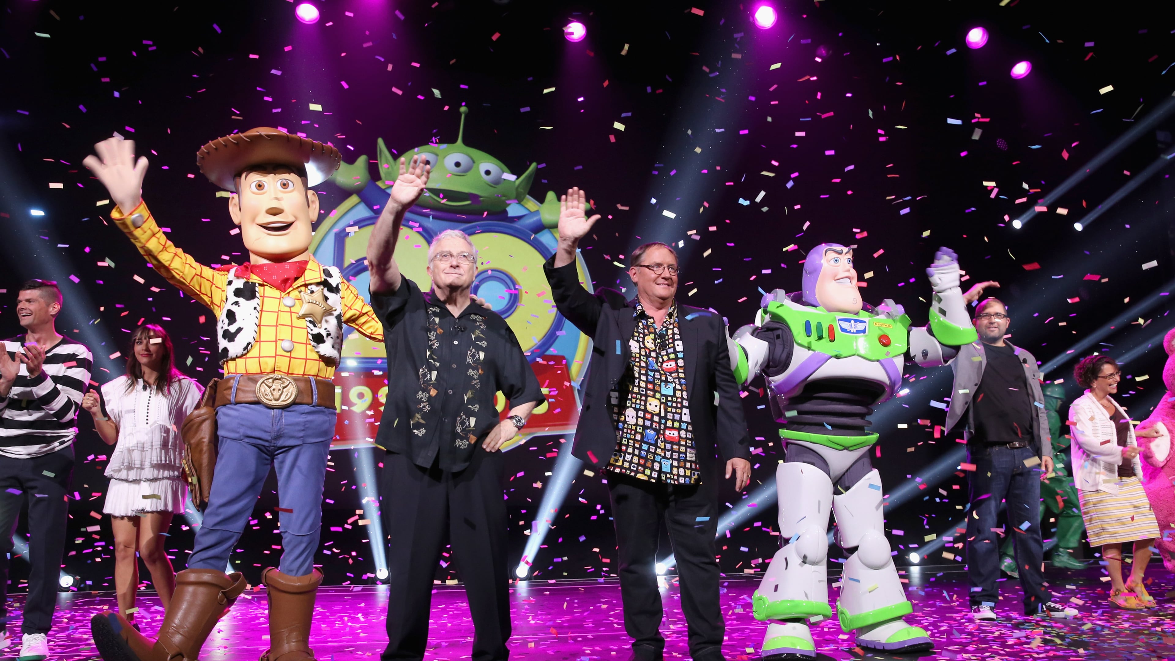 ANAHEIM, CA - AUGUST 14: Composer Randy Newman of TOY STORY 1, 2 and 3 and director John Lasseter of TOY STORY 4 (C) took part today in 'Pixar and Walt Disney Animation Studios: The Upcoming Films' presentation at Disney's D23 EXPO 2015 in Anaheim, Calif. (Photo by Jesse Grant/Getty Images for Disney)
