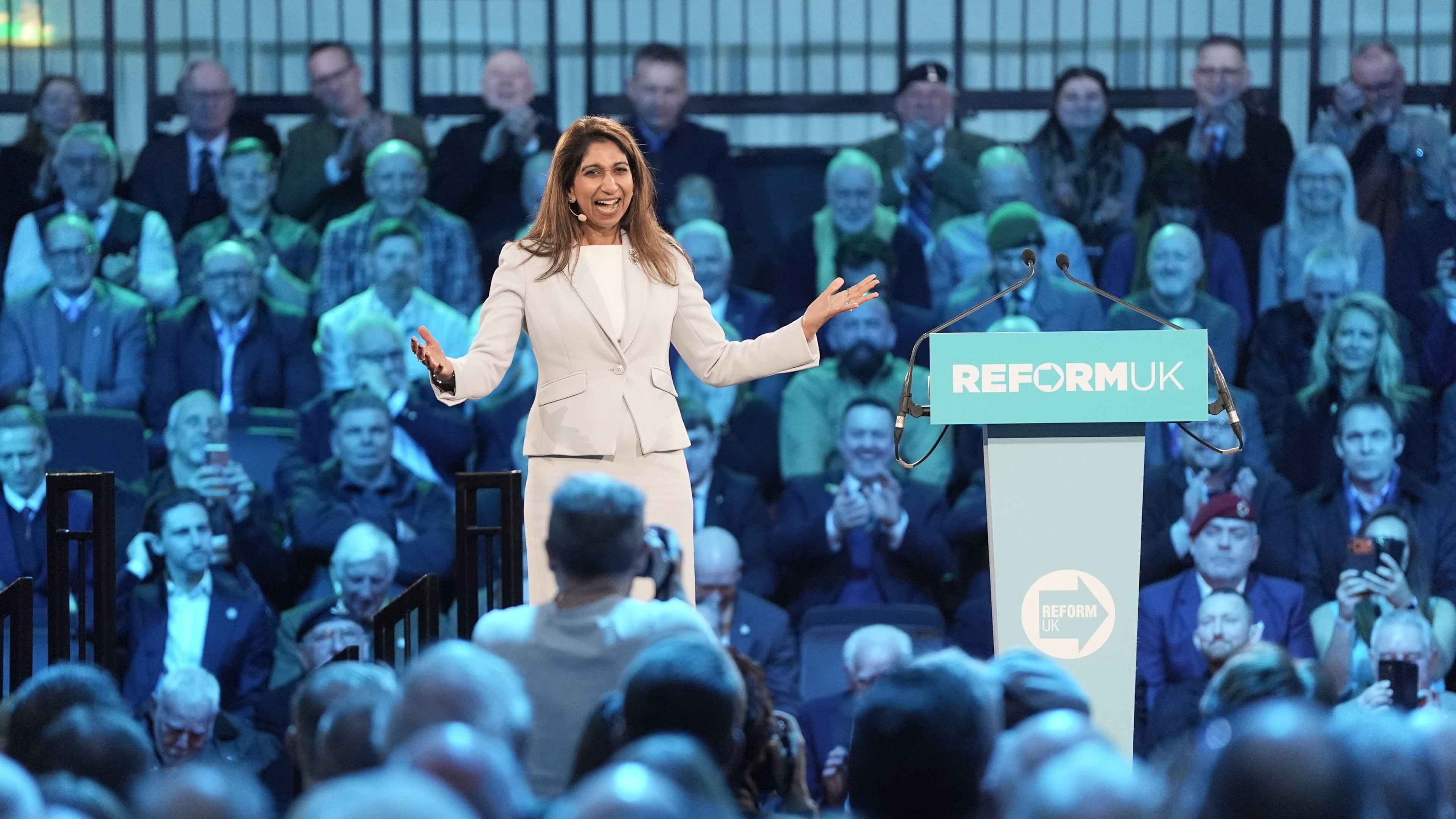 Former British home secretary Suella Braverman speaks during a Reform UK press conference in Westminster, central London, Monday, Jan. 26, 2026. (Stefan Rousseau/PA via AP)
