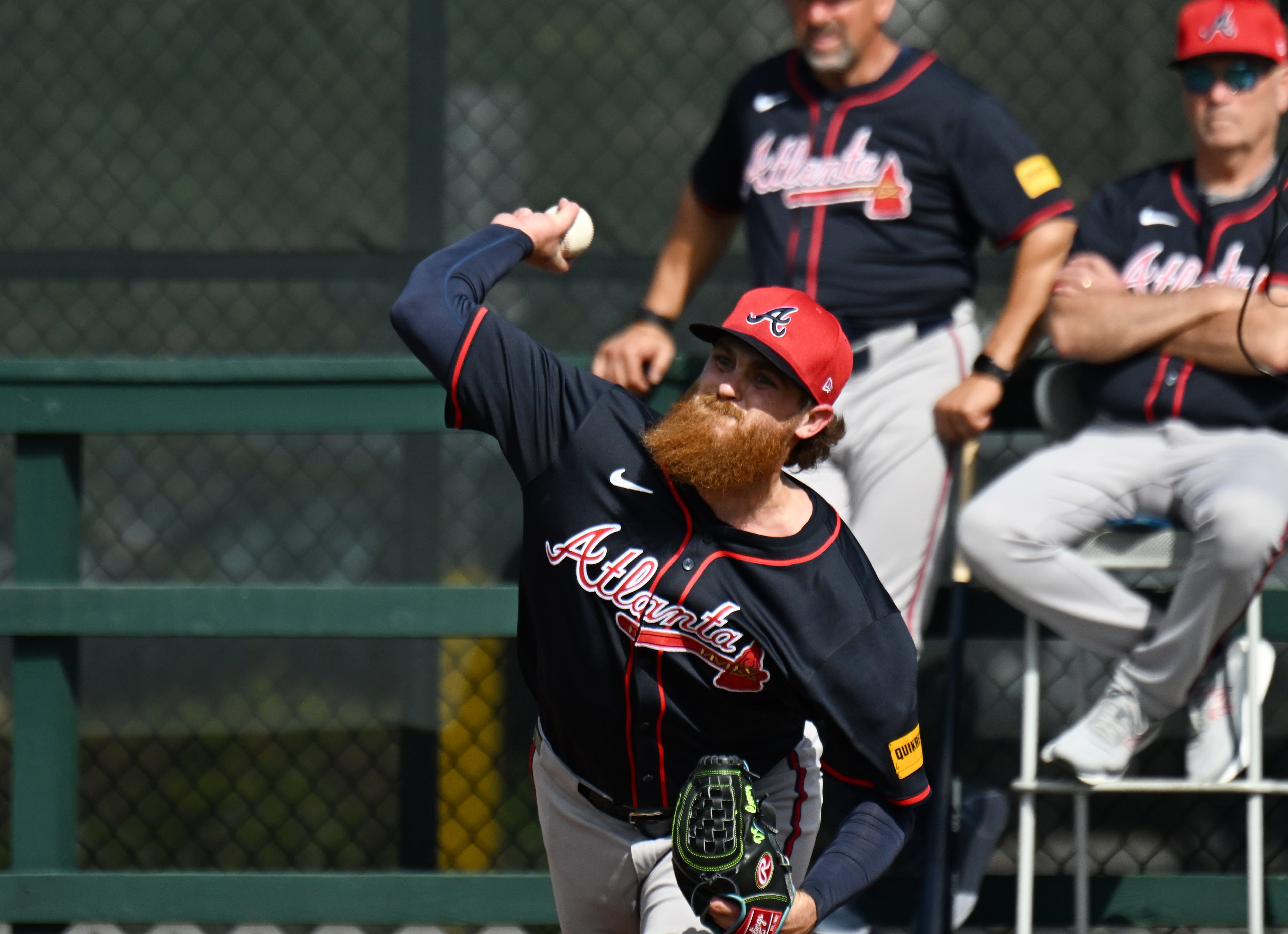 Atlanta Braves pitcher Dylan Covey throws a ball during spring training workouts at CoolToday Park, Thursday, February 13, 2025, North Port, Florida. (Hyosub Shin / AJC)